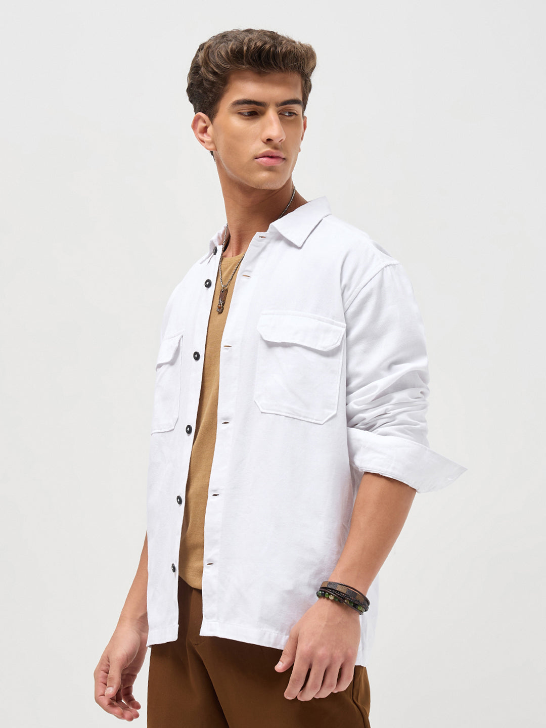 Men's White Cotton Full Sleeve Relaxed Fit Shacket with Utility Pockets