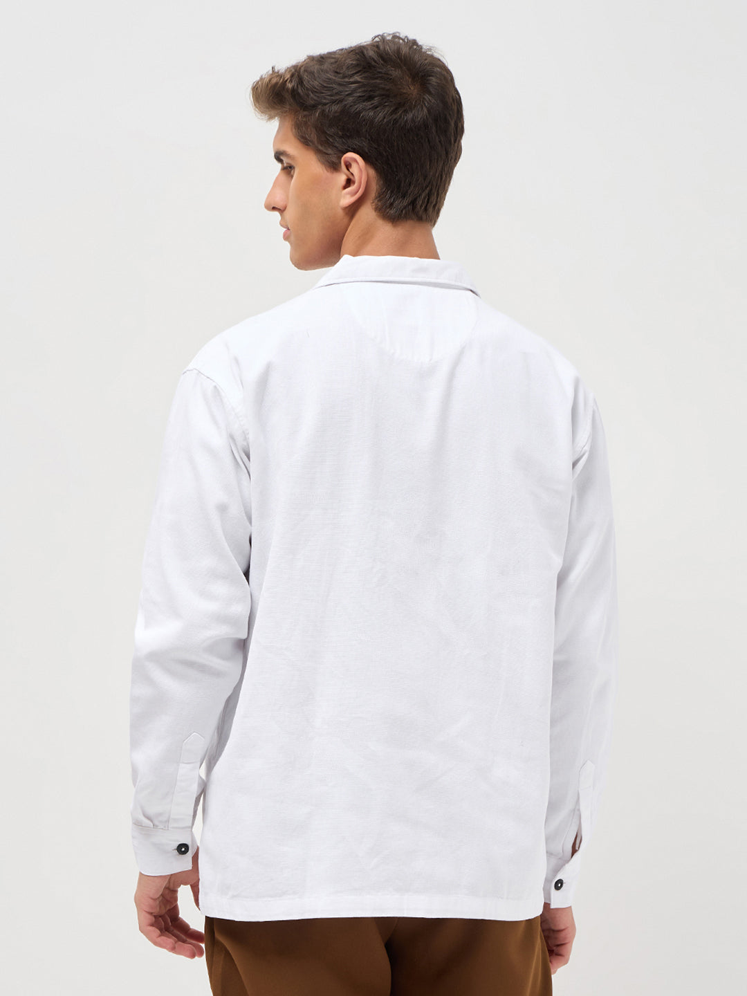 Men's White Cotton Full Sleeve Relaxed Fit Shacket with Utility Pockets