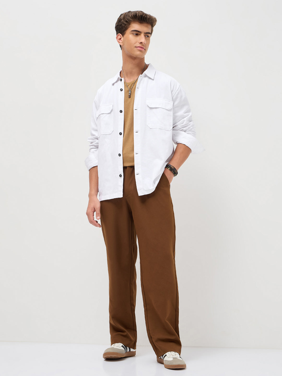 Men's White Cotton Full Sleeve Relaxed Fit Shacket with Utility Pockets