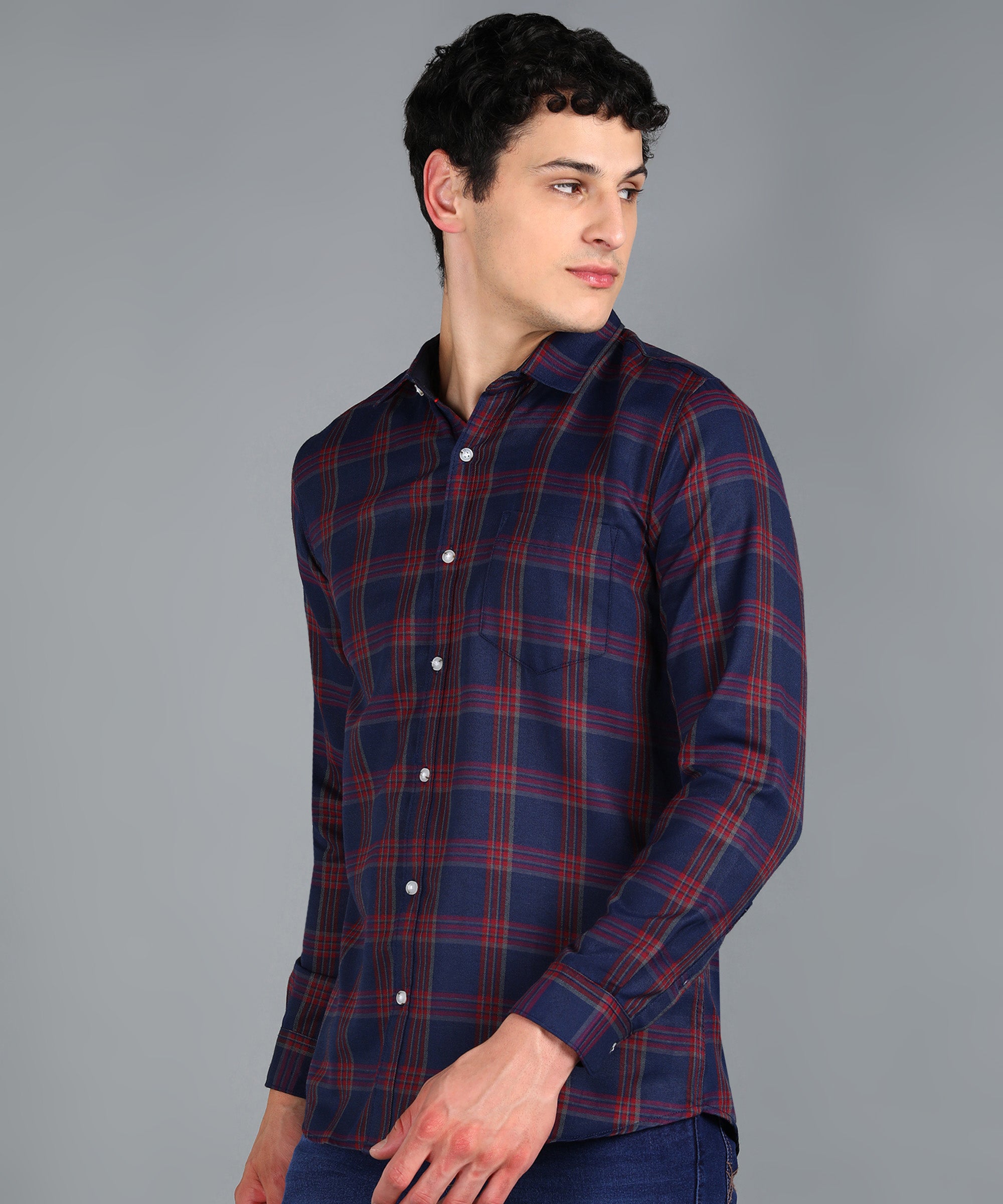 Men's Navy Blue Cotton Full Sleeve Slim Fit Casual Checkered Shirt