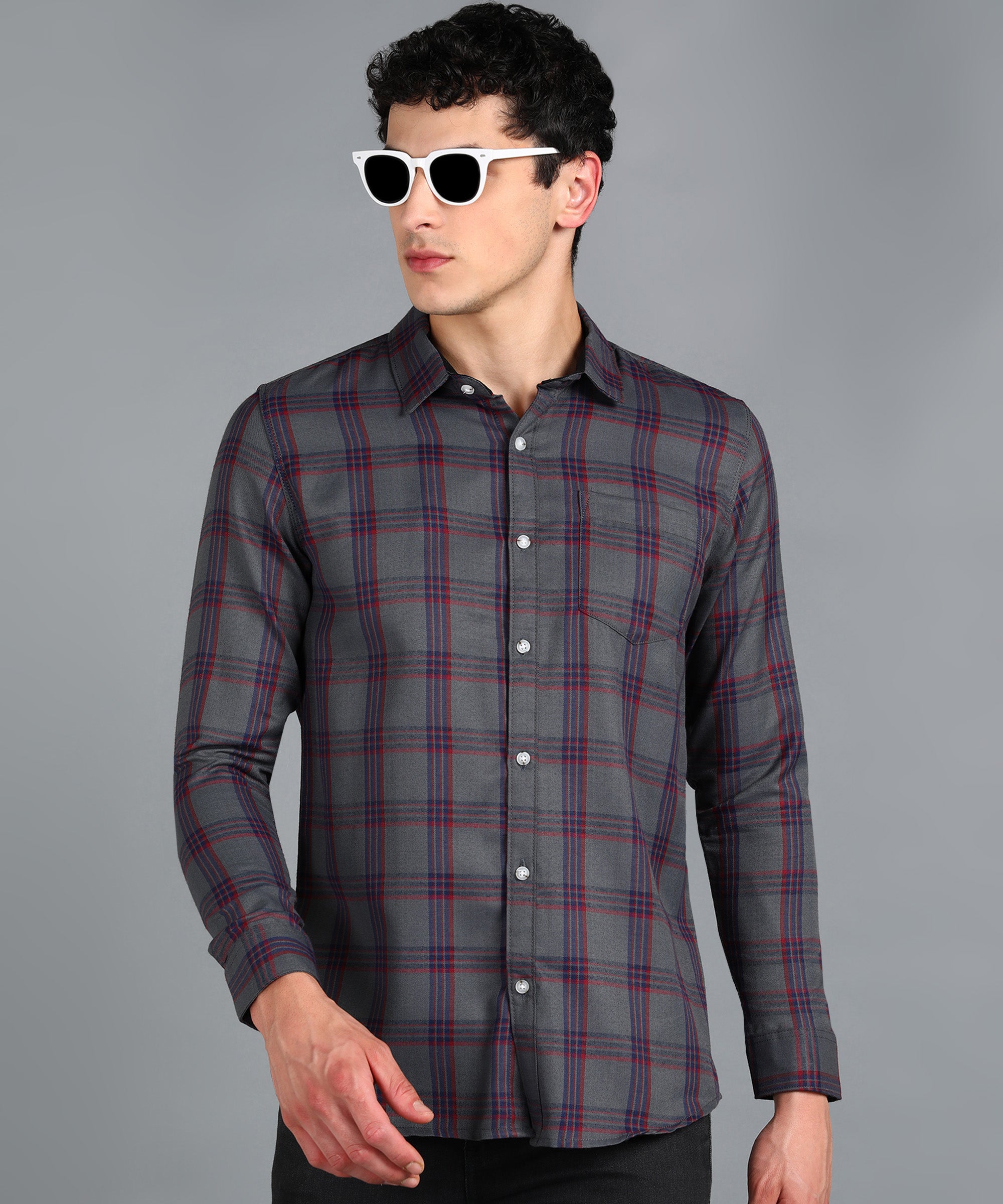 Men's Grey Cotton Full Sleeve Slim Fit Casual Checkered Shirt