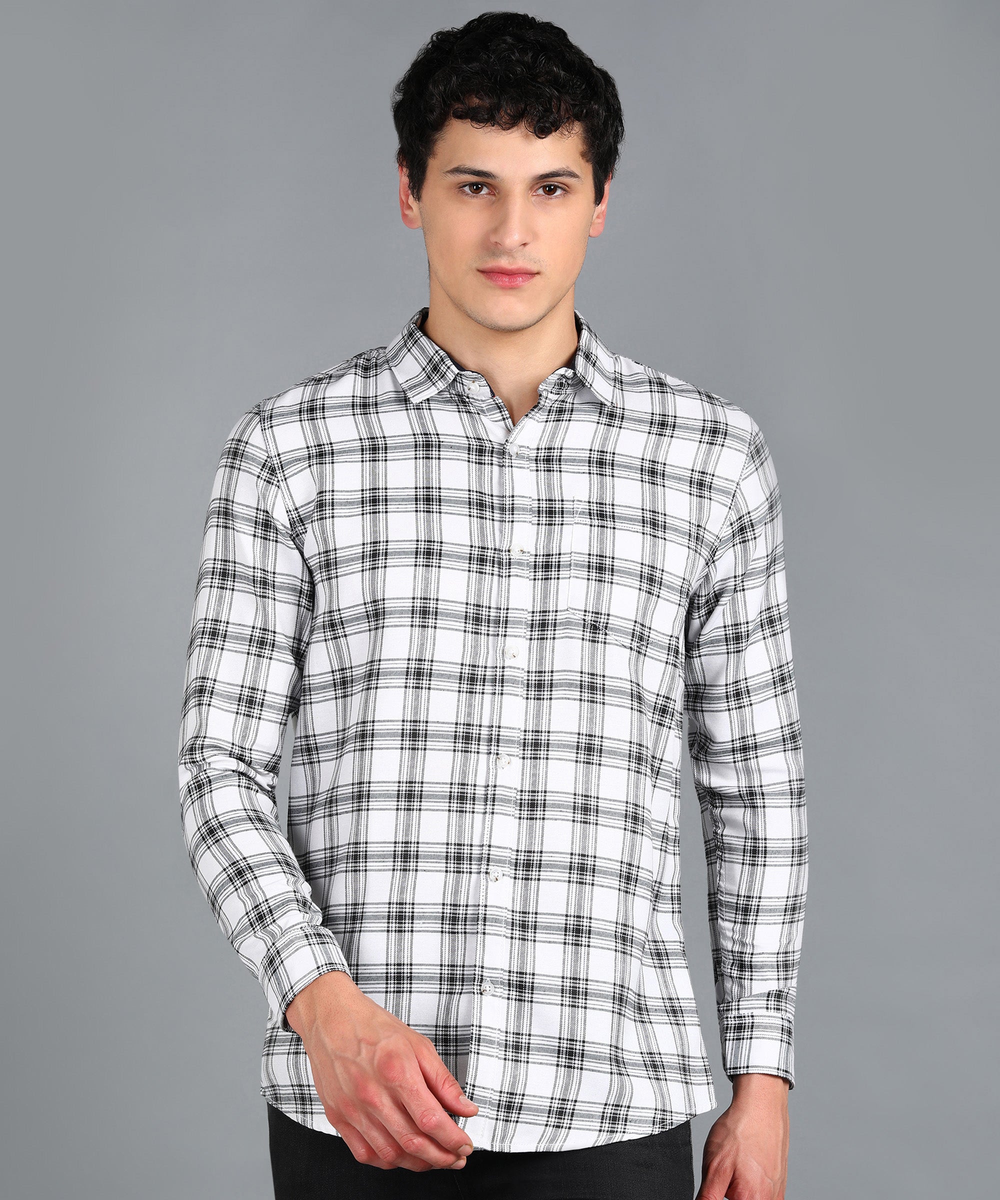 Men's White Cotton Full Sleeve Slim Fit Casual Checkered Shirt