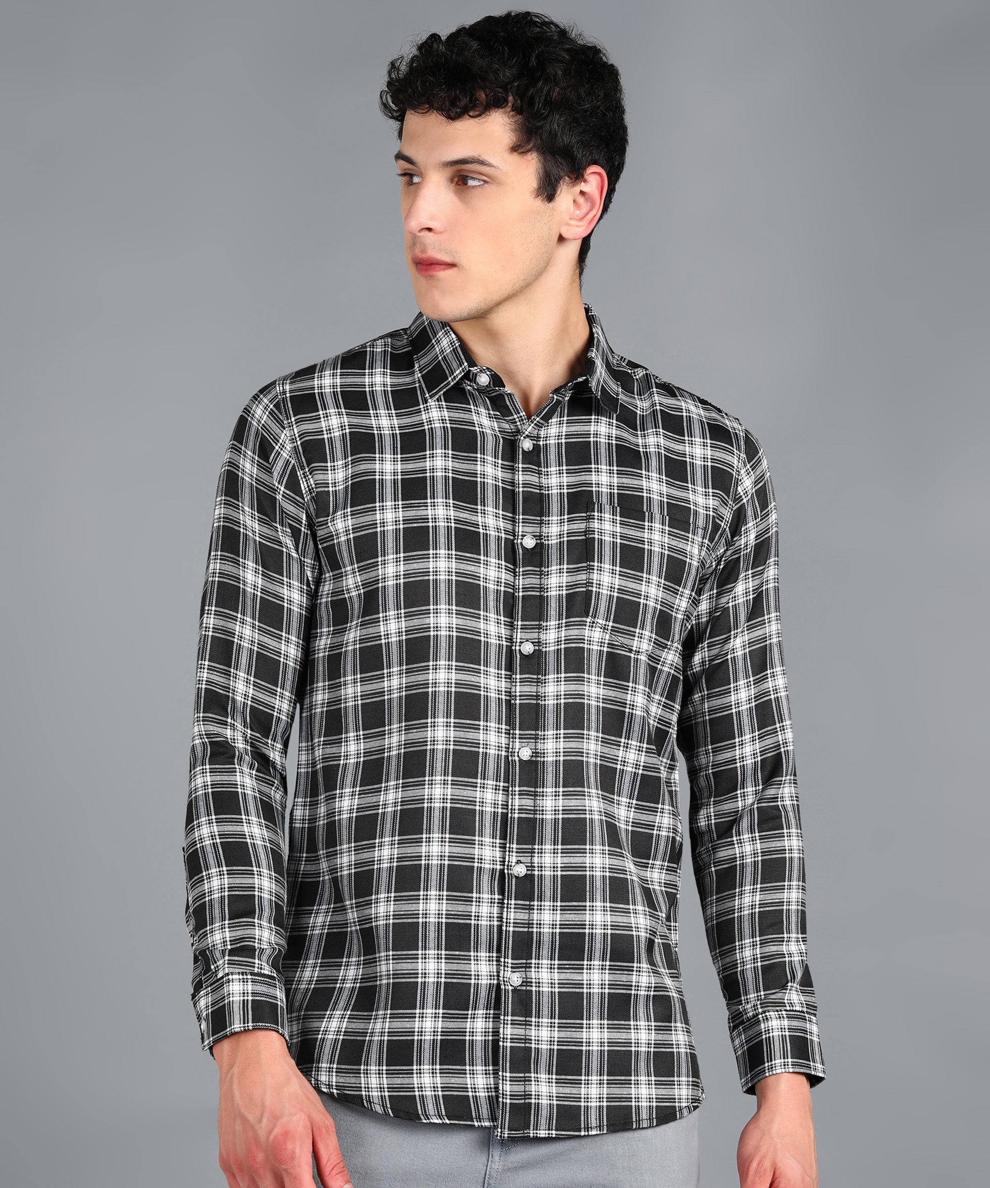 Men's Black Cotton Full Sleeve Slim Fit Casual Checkered Shirt
