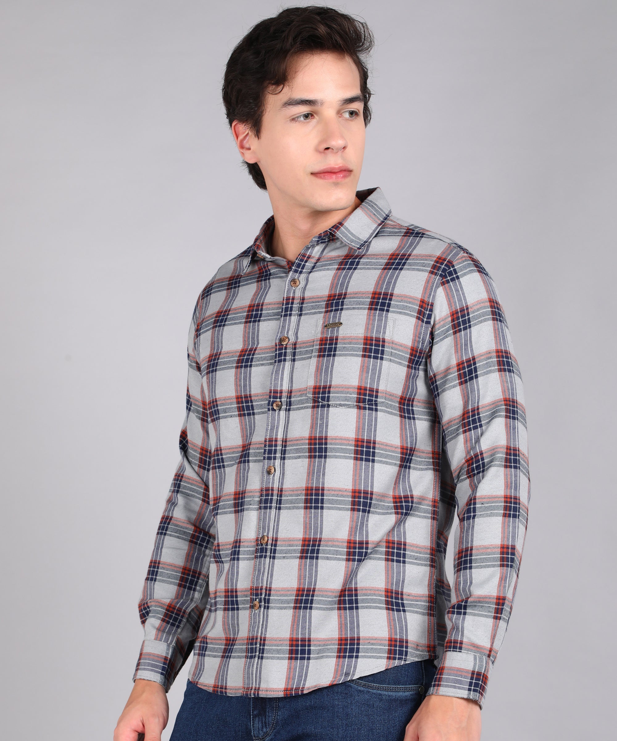 Men's Grey Cotton Full Sleeve Slim Fit Casual Checkered Shirt