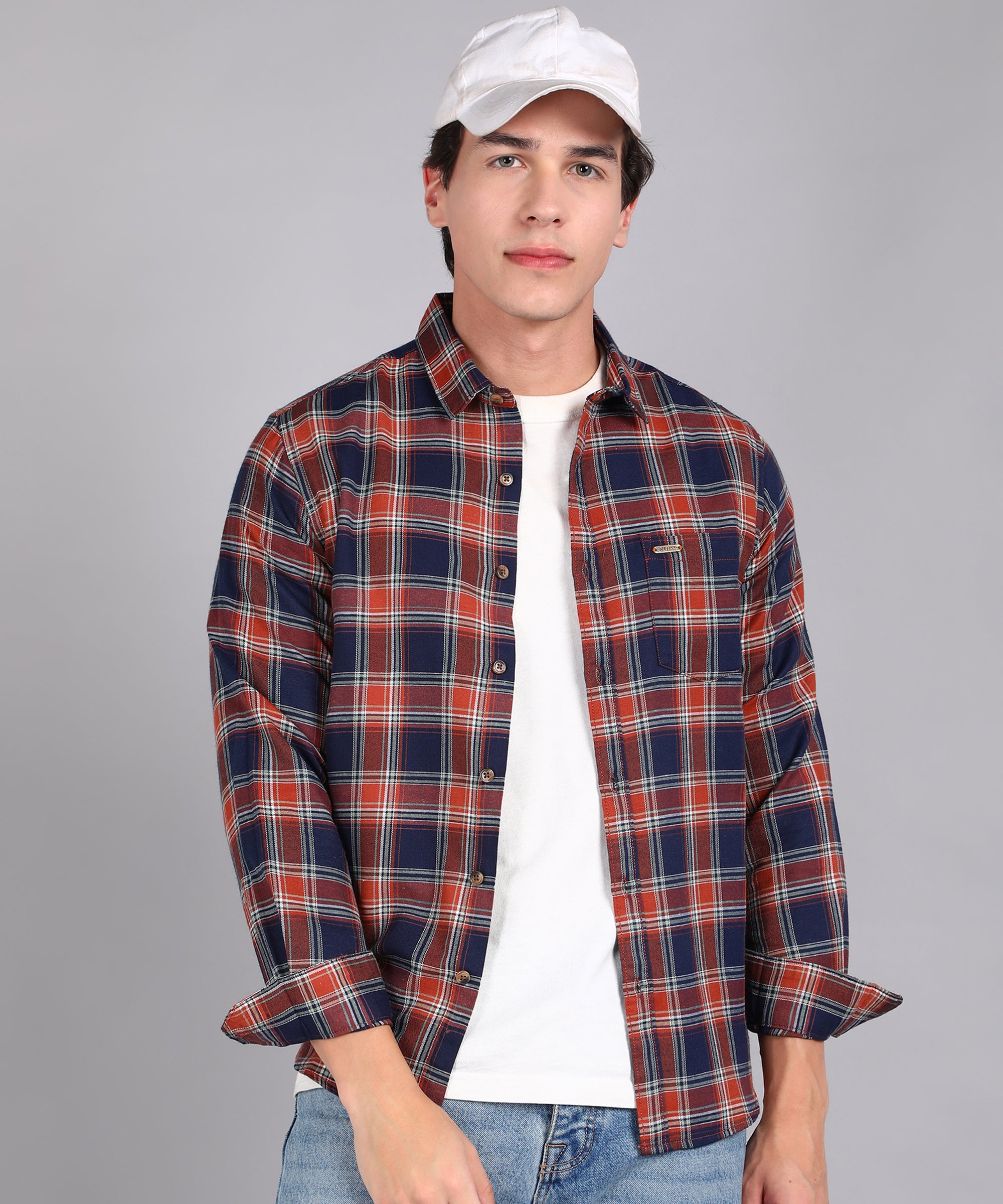 Men's Blue Cotton Full Sleeve Slim Fit Casual Checkered Shirt