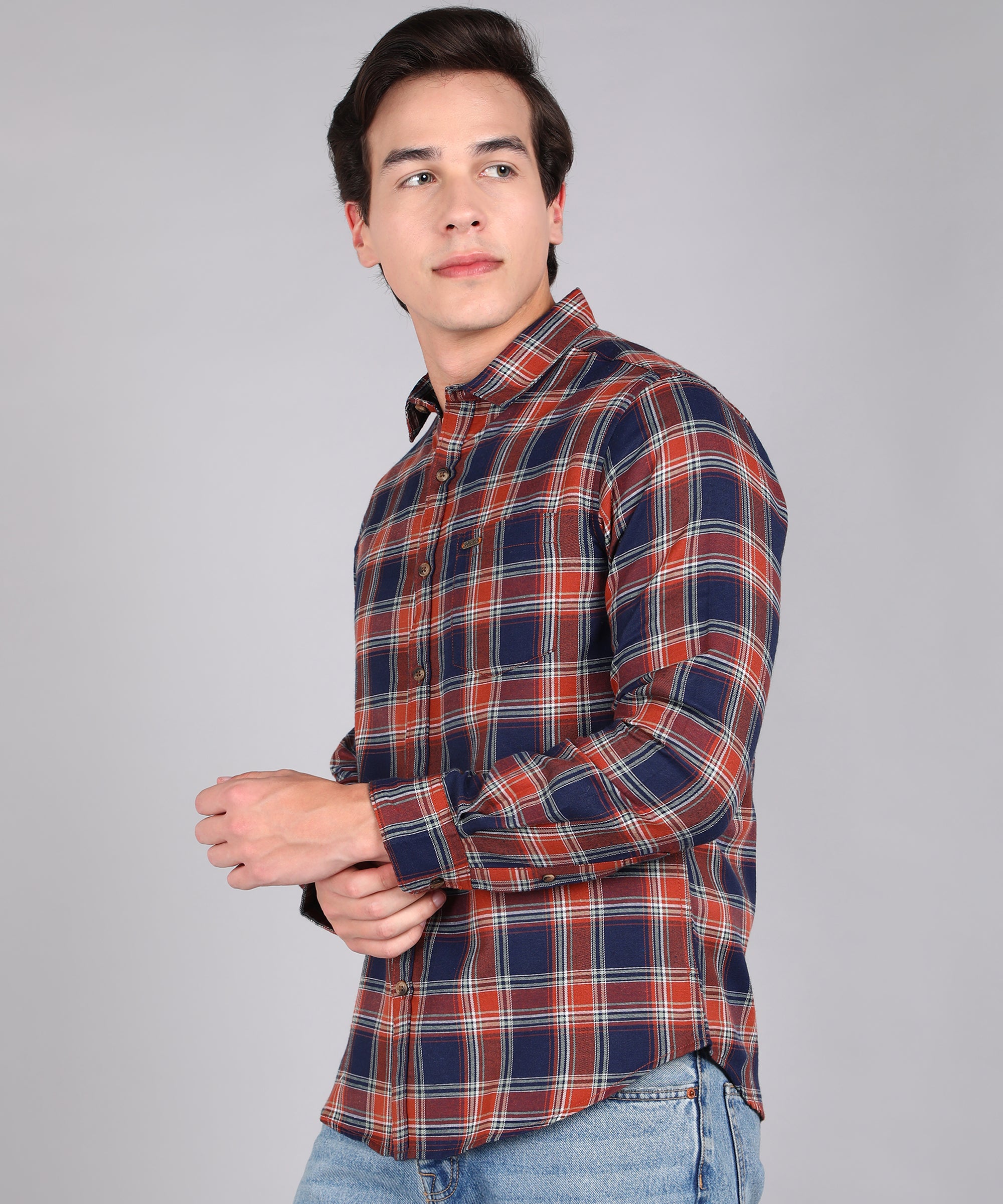 Men's Blue Cotton Full Sleeve Slim Fit Casual Checkered Shirt