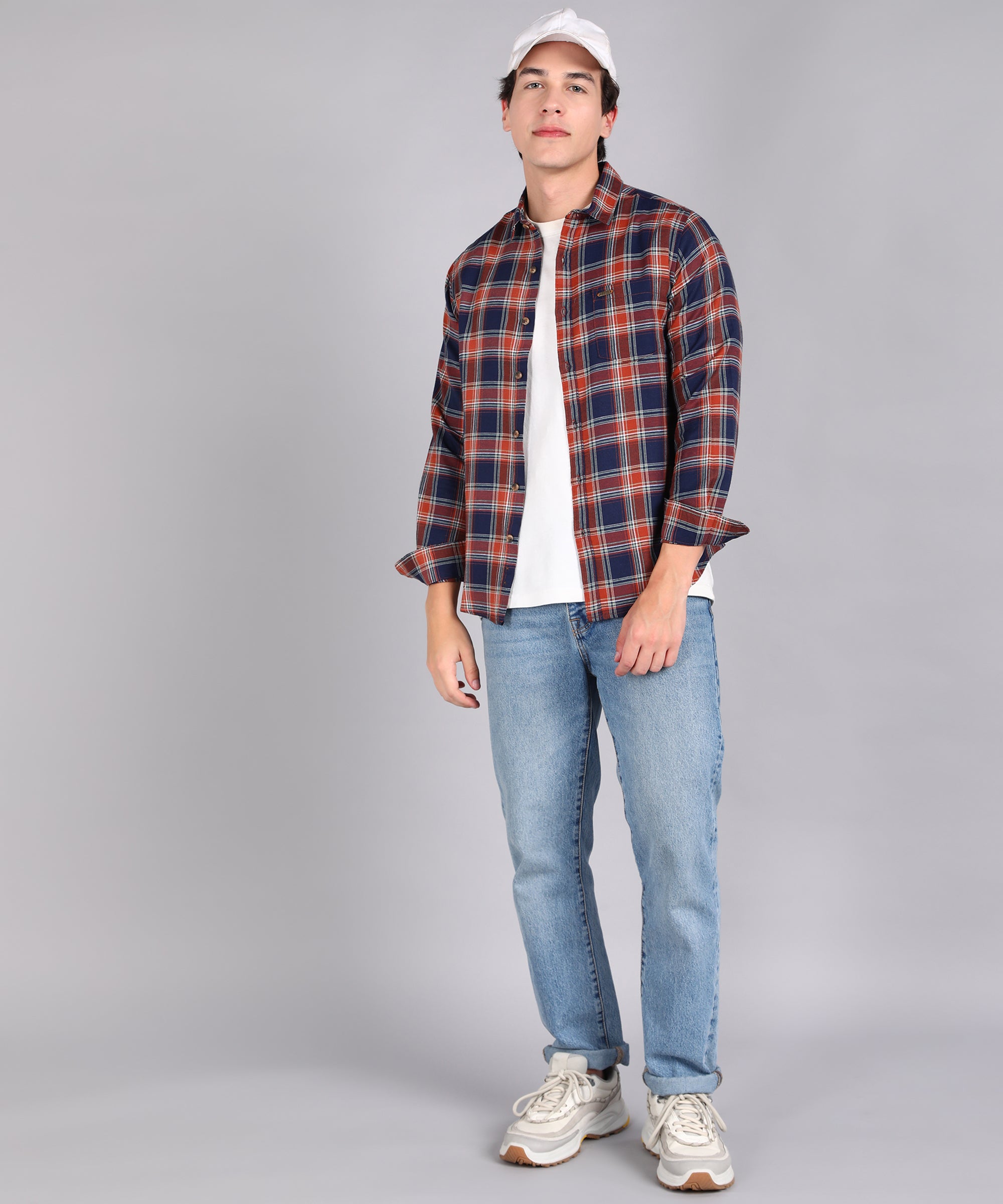 Men's Blue Cotton Full Sleeve Slim Fit Casual Checkered Shirt