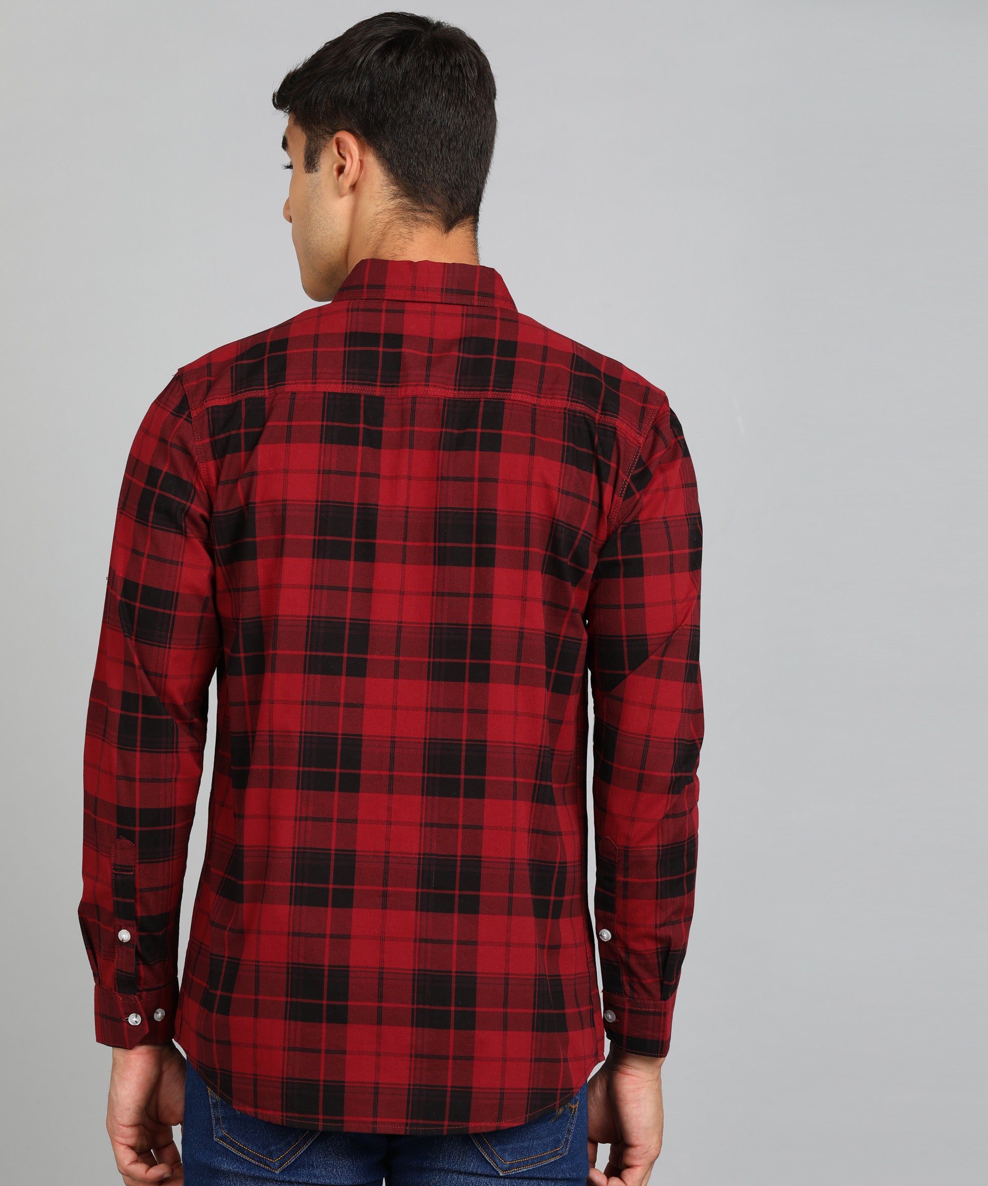 Men's Red Cotton Full Sleeve Slim Fit Casual Checkered Shirt