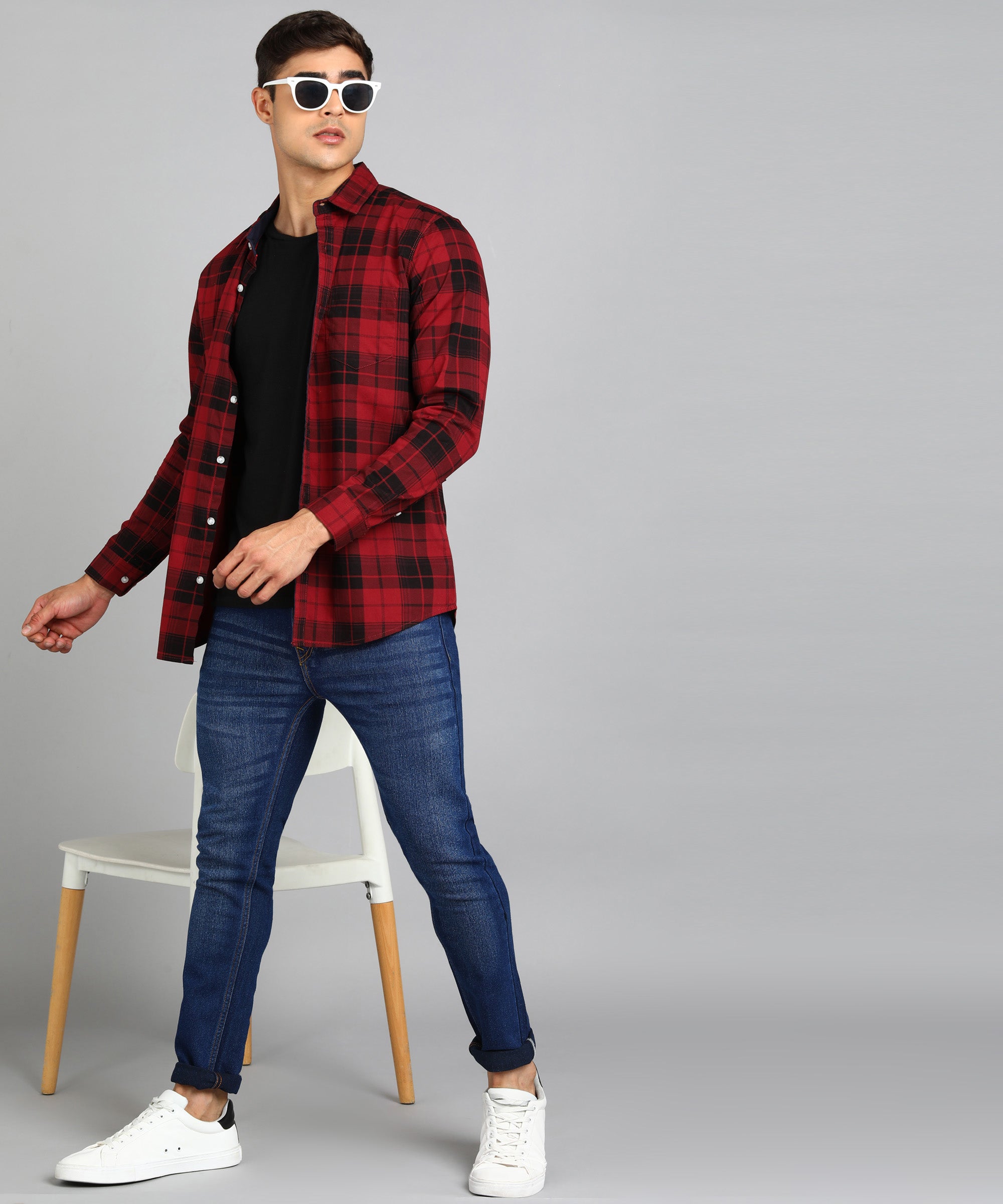 Men's Red Cotton Full Sleeve Slim Fit Casual Checkered Shirt
