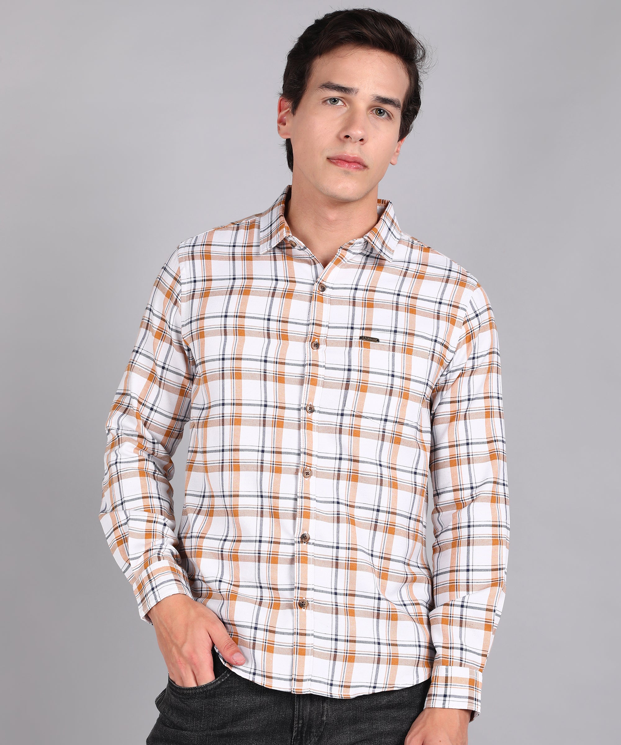 Men's White Cotton Full Sleeve Slim Fit Casual Checkered Shirt