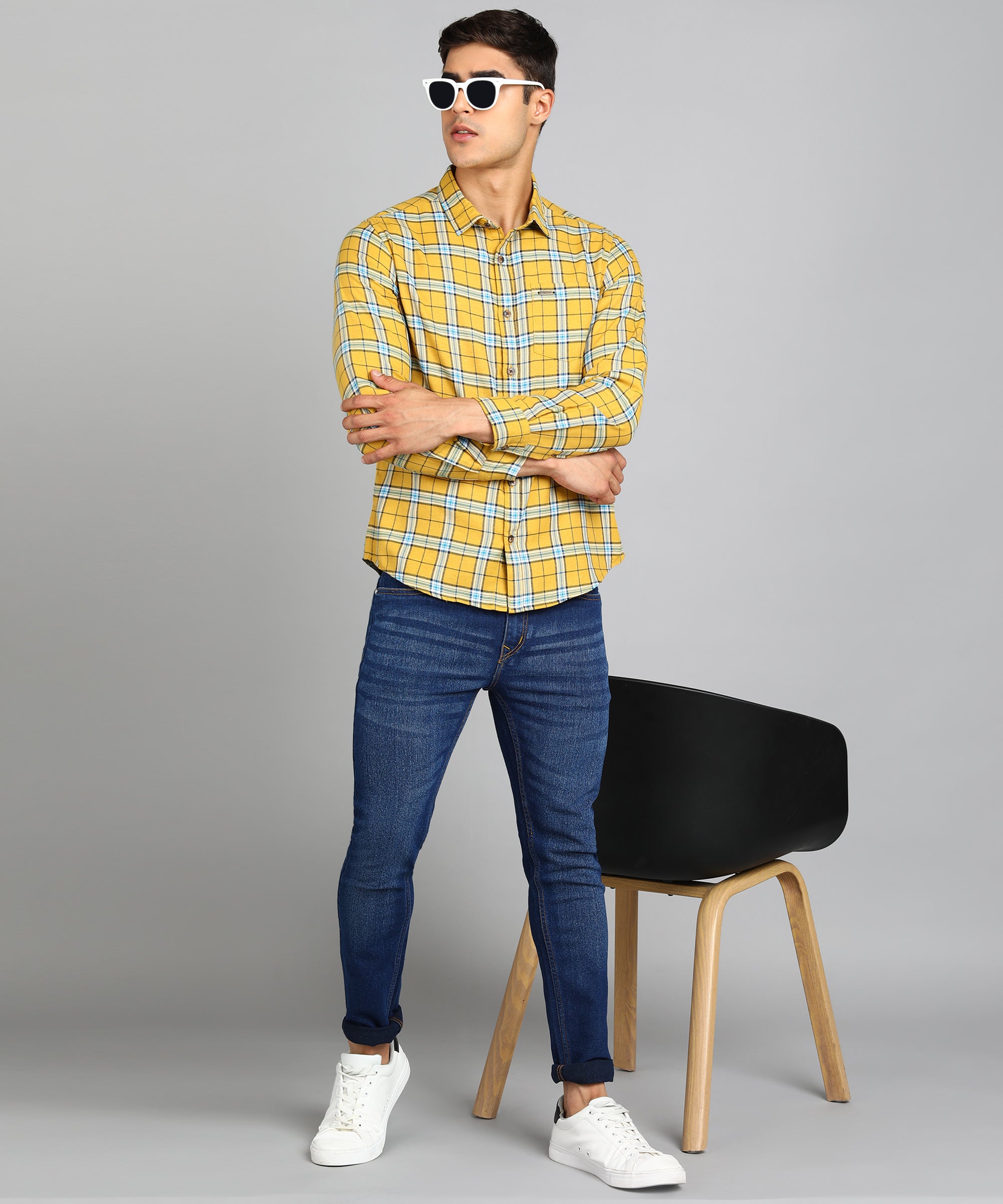 Men's Yellow Cotton Full Sleeve Slim Fit Casual Checkered Shirt