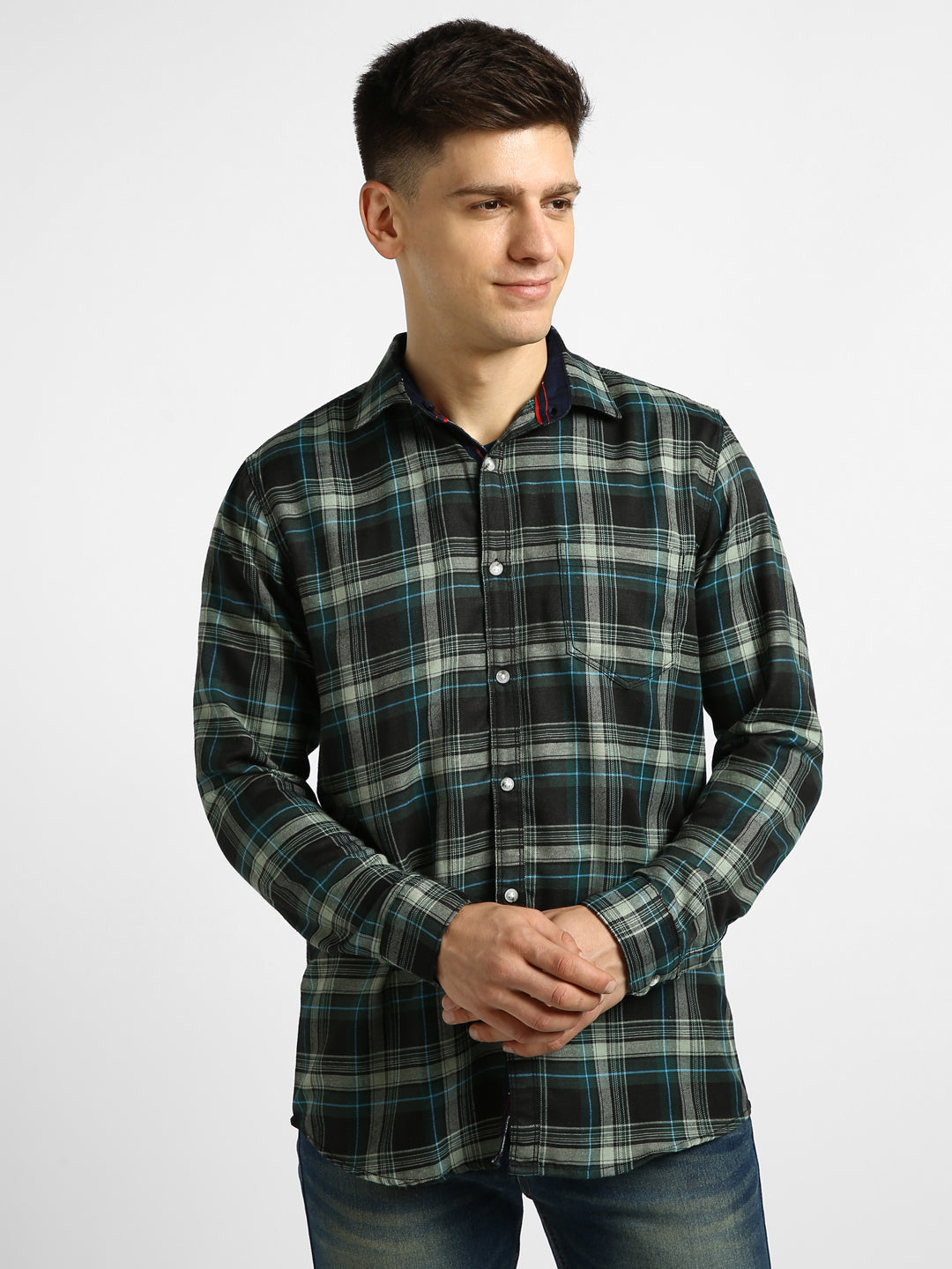 Men's Green Cotton Full Sleeve Slim Fit Casual Checkered Shirt with Hooded Collar