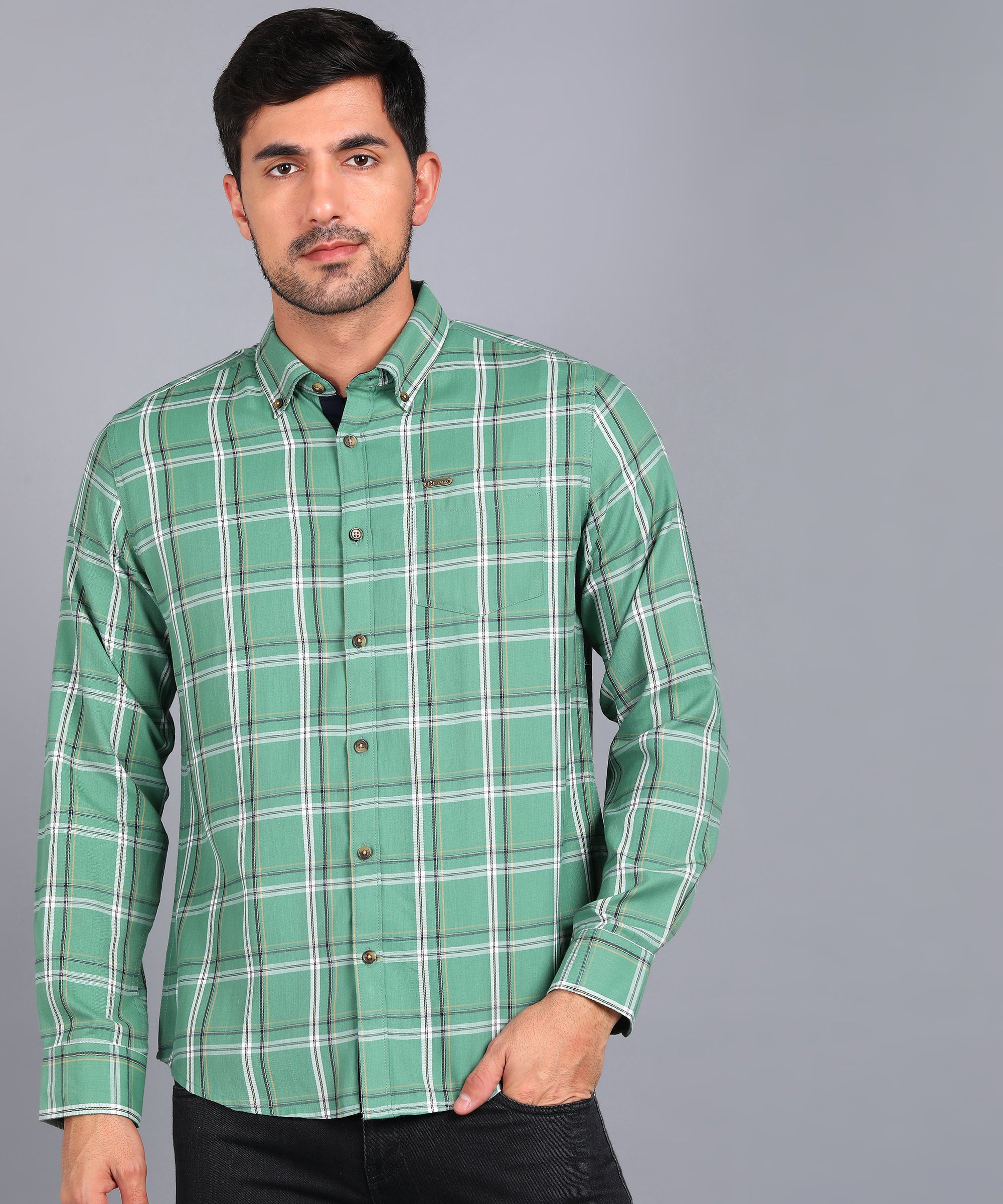 Urbano Fashion Men's Green Cotton Full Sleeve Slim Fit Casual Checkered Shirt
