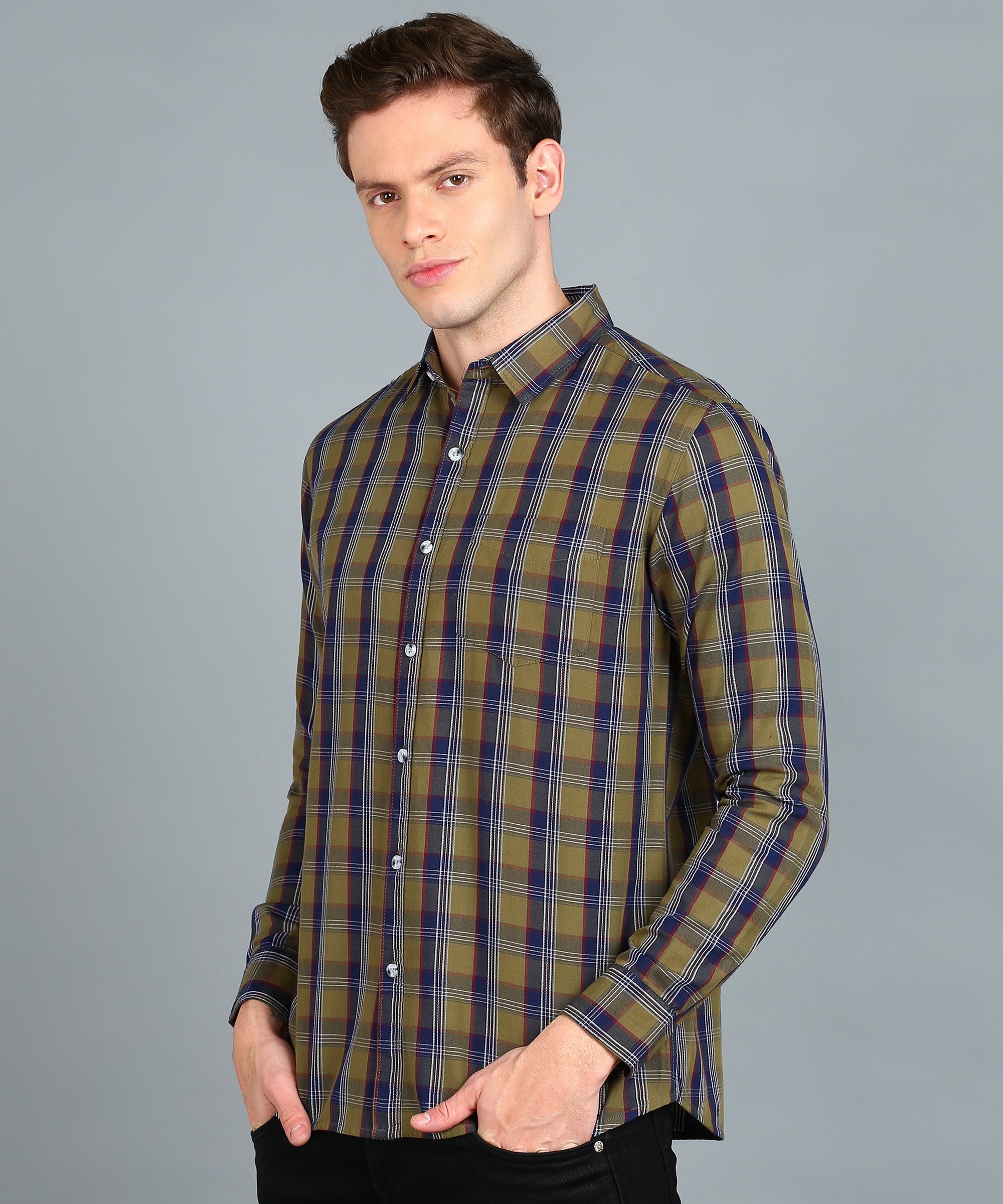 Urbano Fashion Men's Beige, Blue Cotton Full Sleeve Slim Fit Casual Checkered Shirt