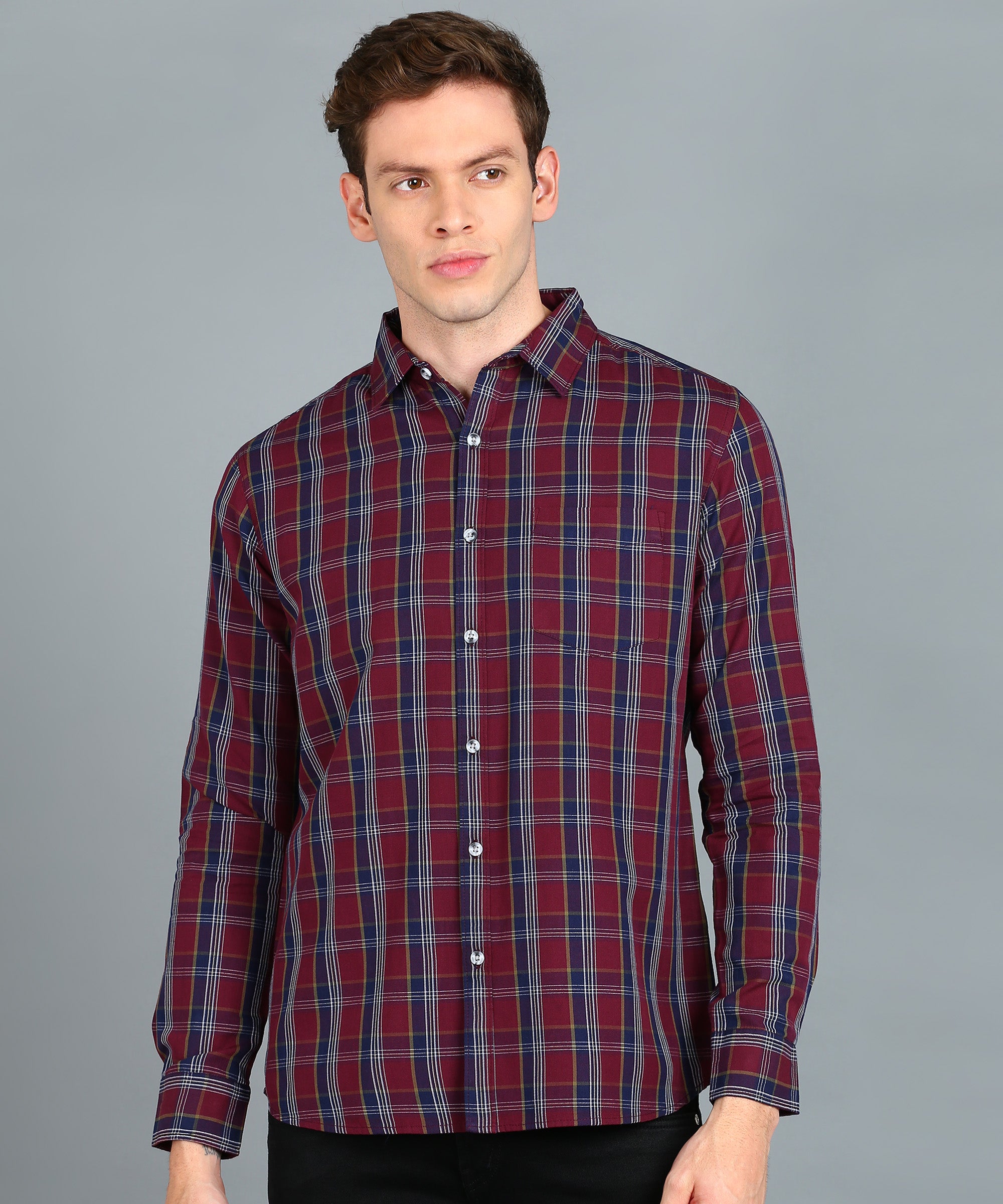 Men's Maroon, Blue Cotton Full Sleeve Slim Fit Casual Checkered Shirt