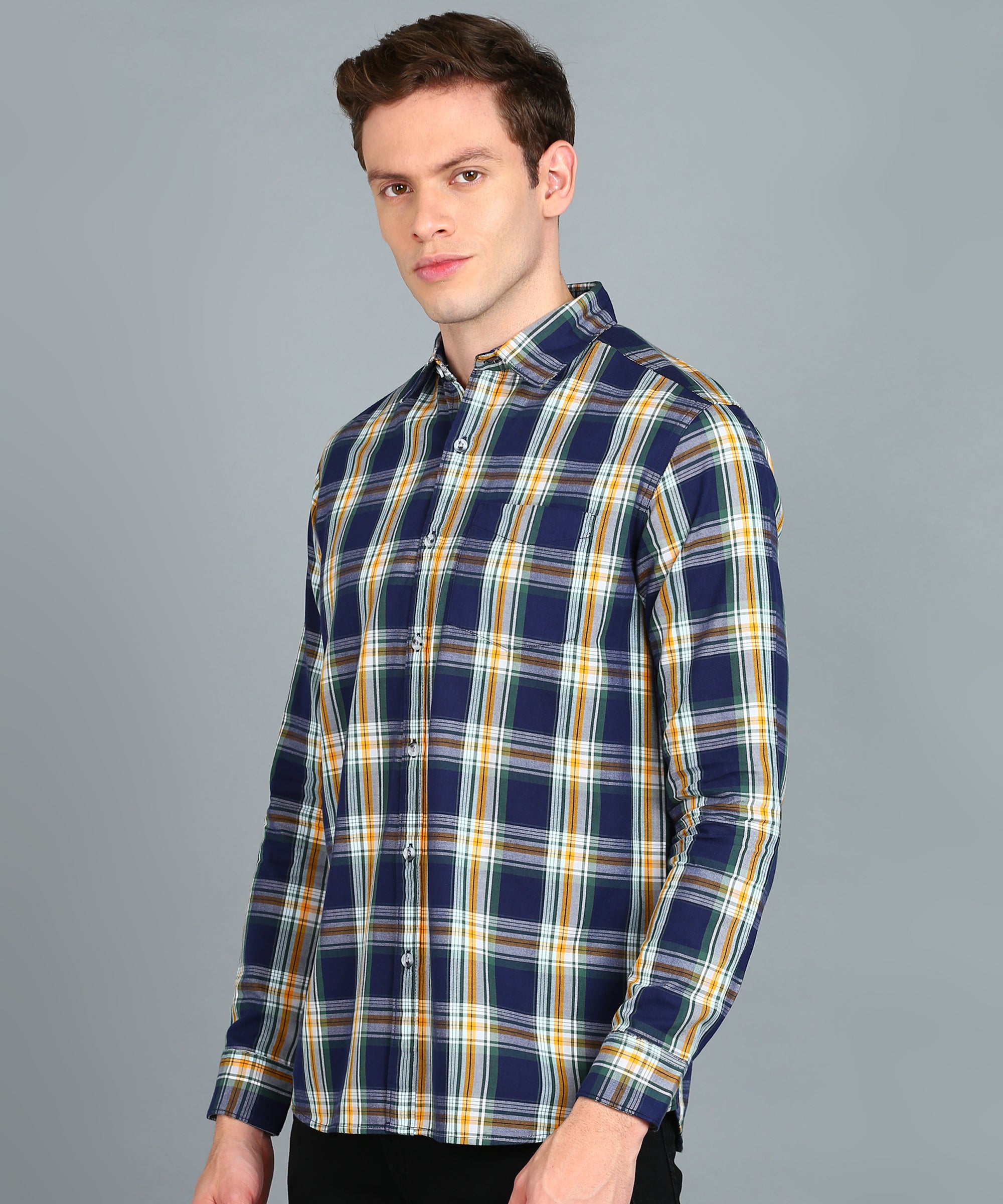 Urbano Fashion Men's Navy Blue Cotton Full Sleeve Slim Fit Casual Checkered Shirt