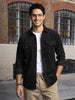 Men's Black Corduroy Full Sleeve Regular Fit Solid Overshirt with Utility Pockets
