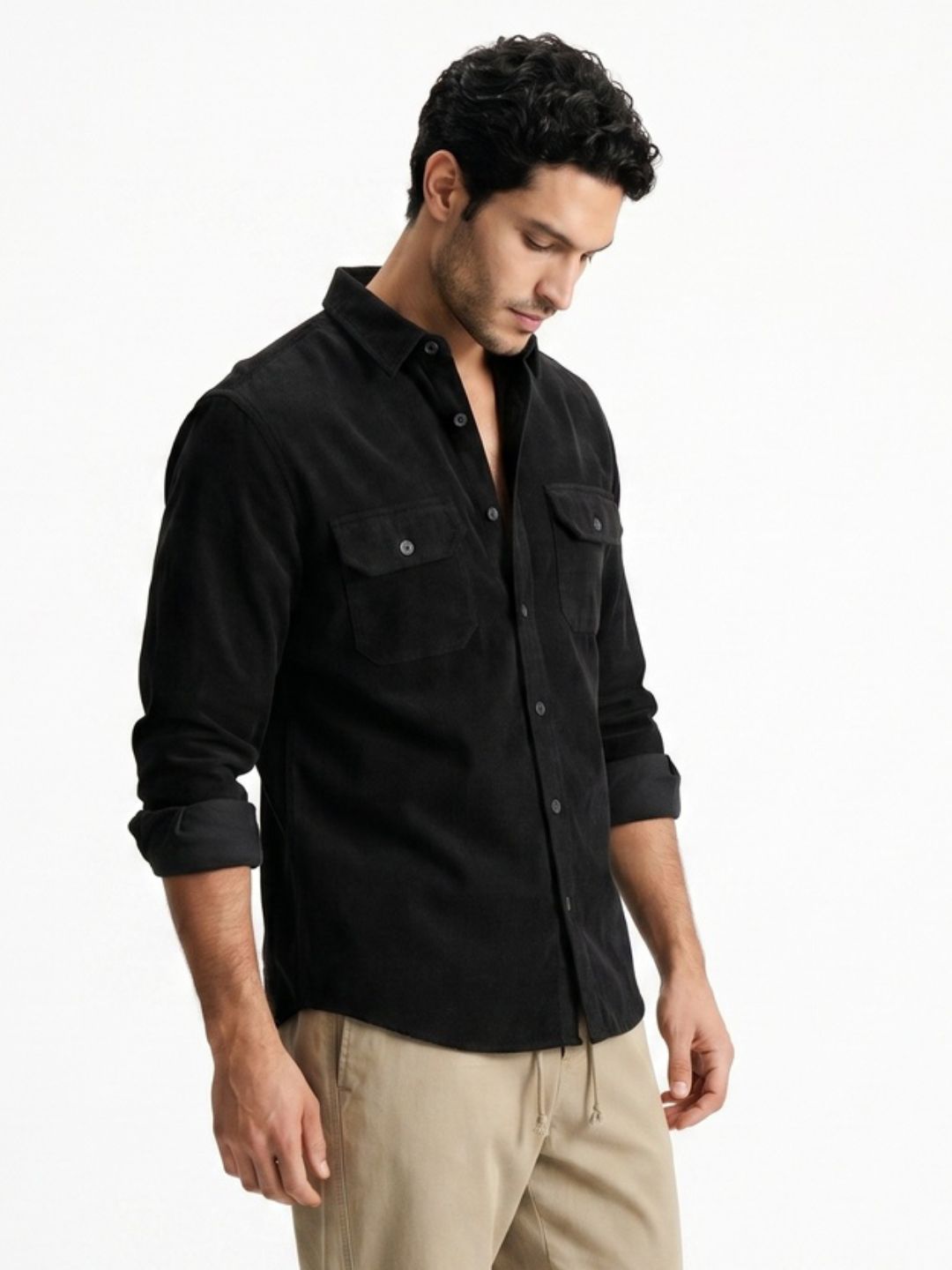Men's Black Corduroy Full Sleeve Regular Fit Solid Overshirt with Utility Pockets