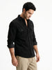 Men's Black Corduroy Full Sleeve Regular Fit Solid Overshirt with Utility Pockets