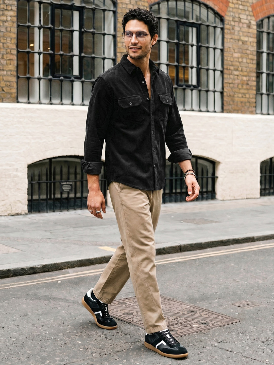 Men's Black Corduroy Full Sleeve Regular Fit Solid Overshirt with Utility Pockets