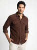 Men's Brown Corduroy Full Sleeve Regular Fit Solid Overshirt with Utility Pockets