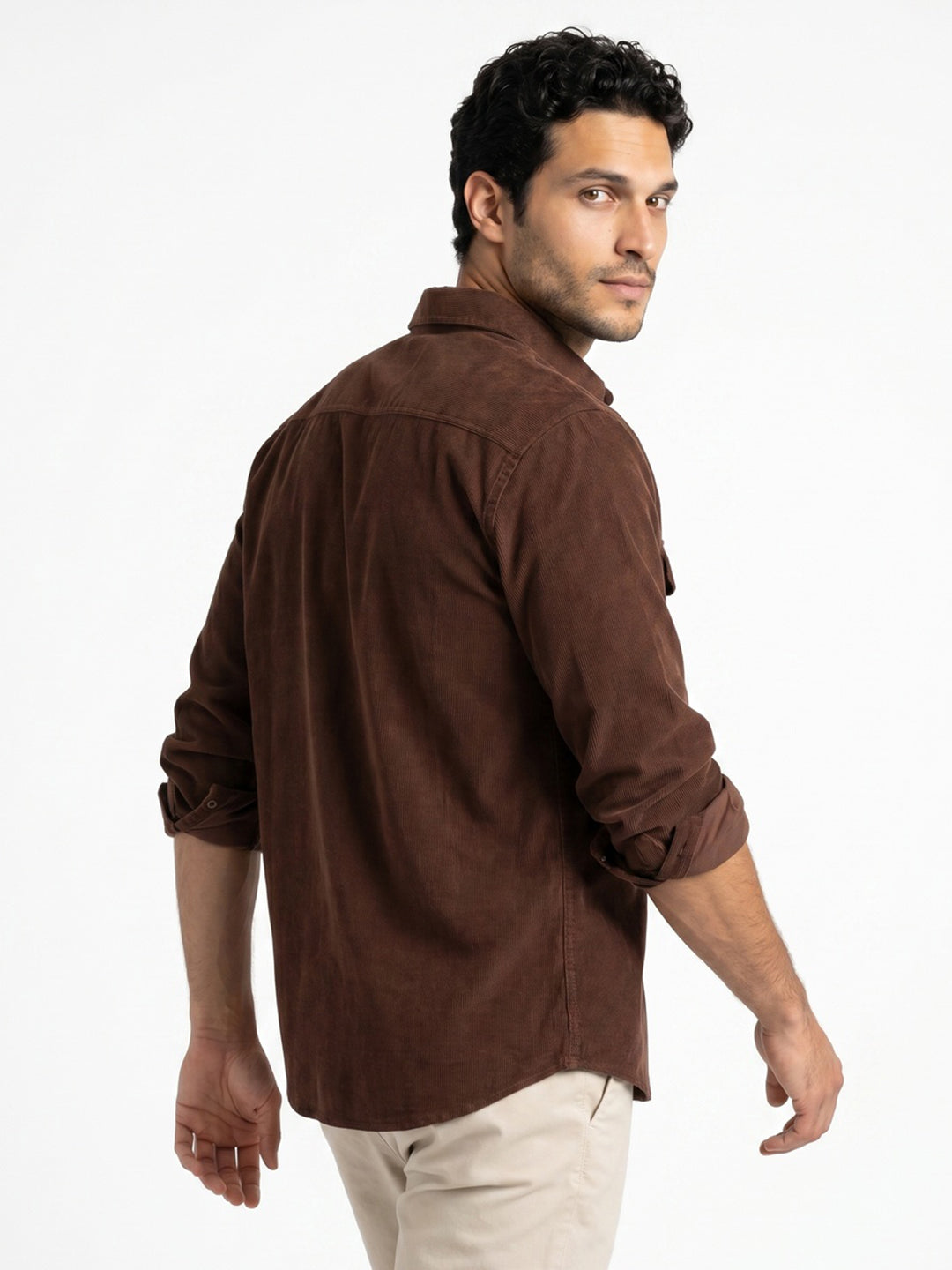 Men's Brown Corduroy Full Sleeve Regular Fit Solid Overshirt with Utility Pockets
