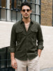 Men's Dark Olive Corduroy Full Sleeve Regular Fit Solid Overshirt with Utility Pockets