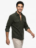 Men's Dark Olive Corduroy Full Sleeve Regular Fit Solid Overshirt with Utility Pockets