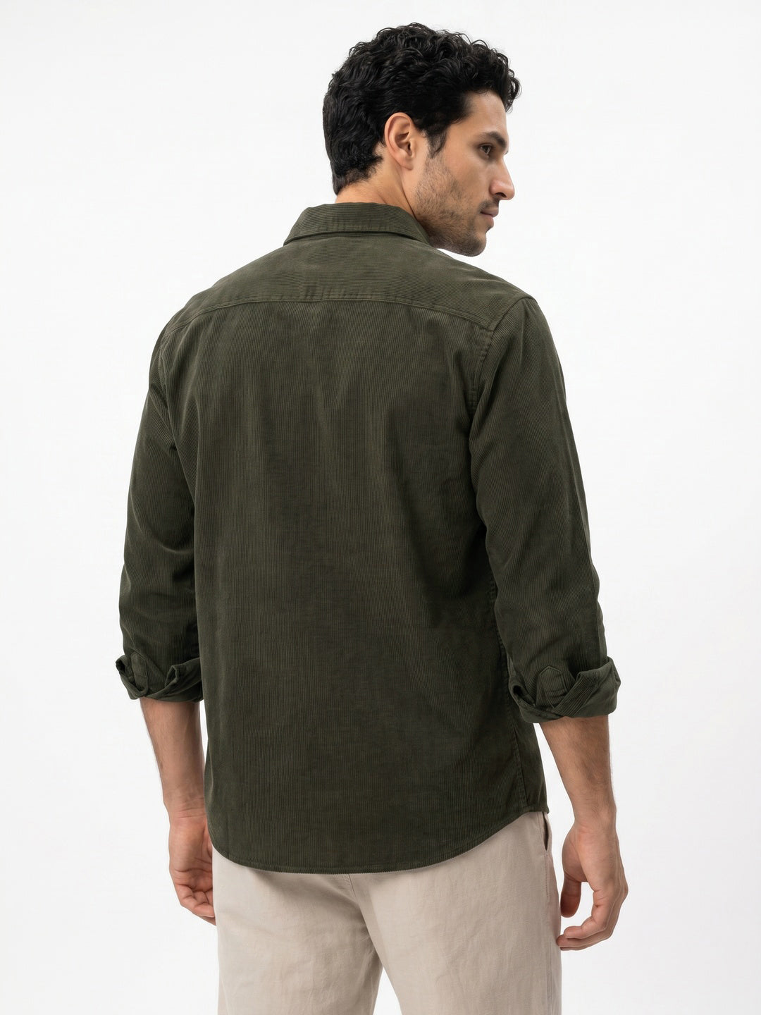 Men's Dark Olive Corduroy Full Sleeve Regular Fit Solid Overshirt with Utility Pockets