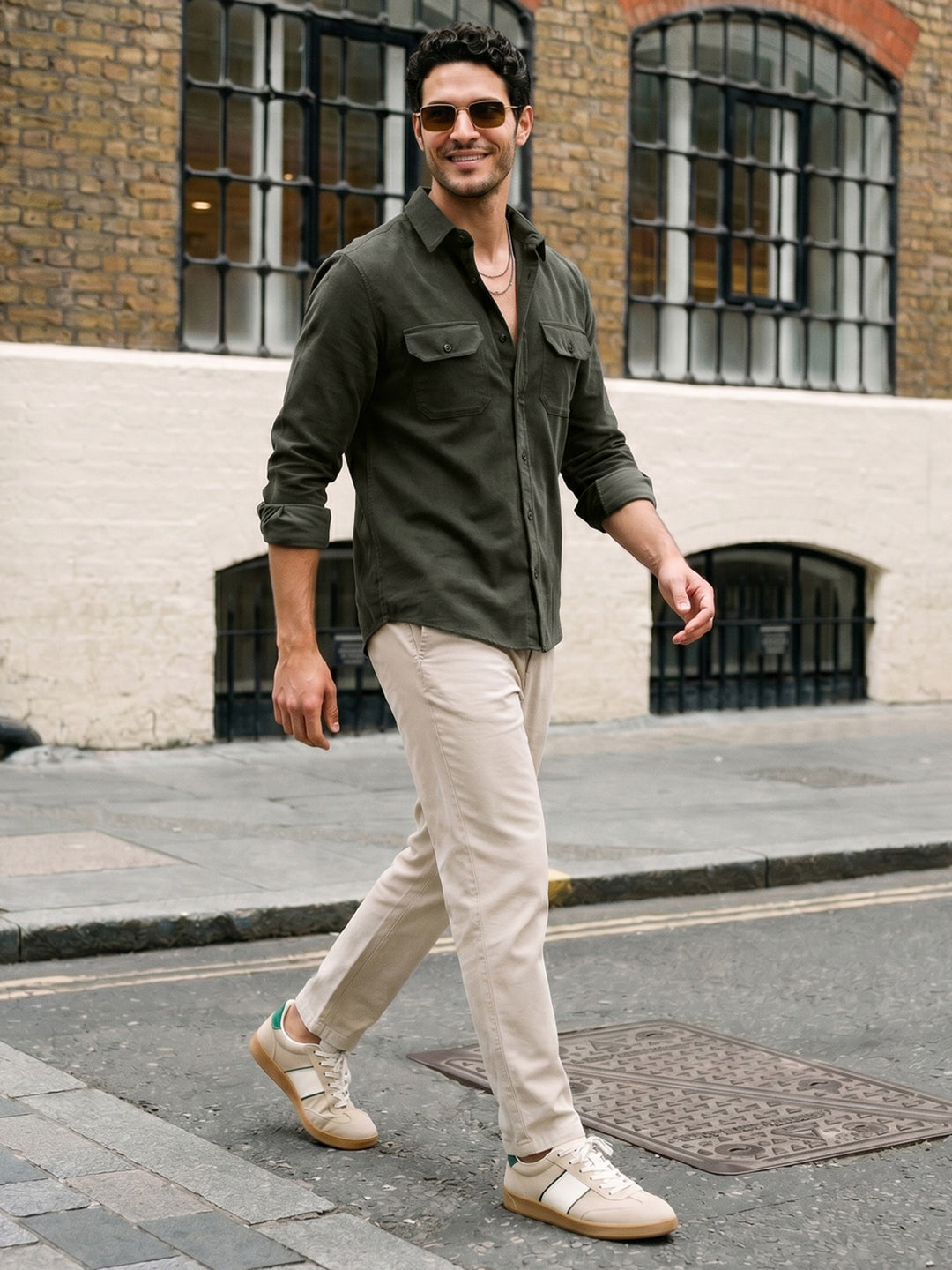 Men's Dark Olive Corduroy Full Sleeve Regular Fit Solid Overshirt with Utility Pockets