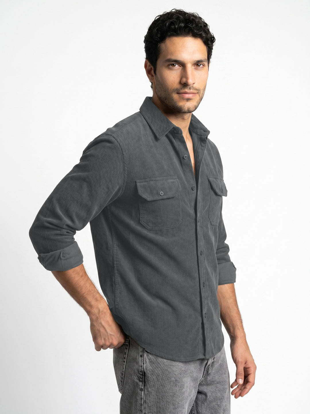 Men's Grey Corduroy Full Sleeve Regular Fit Solid Overshirt with Utility Pockets