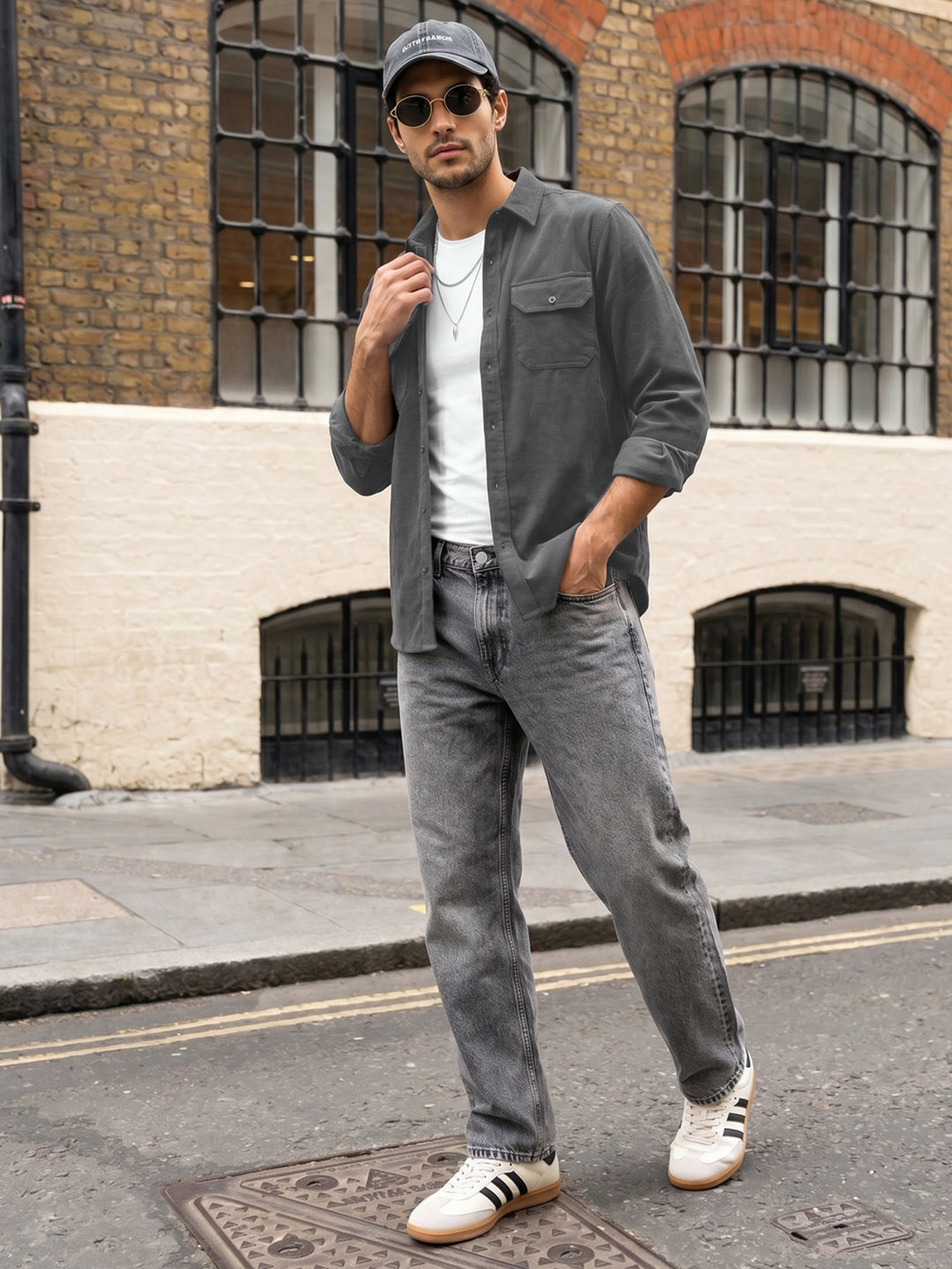 Men's Grey Corduroy Full Sleeve Regular Fit Solid Overshirt with Utility Pockets
