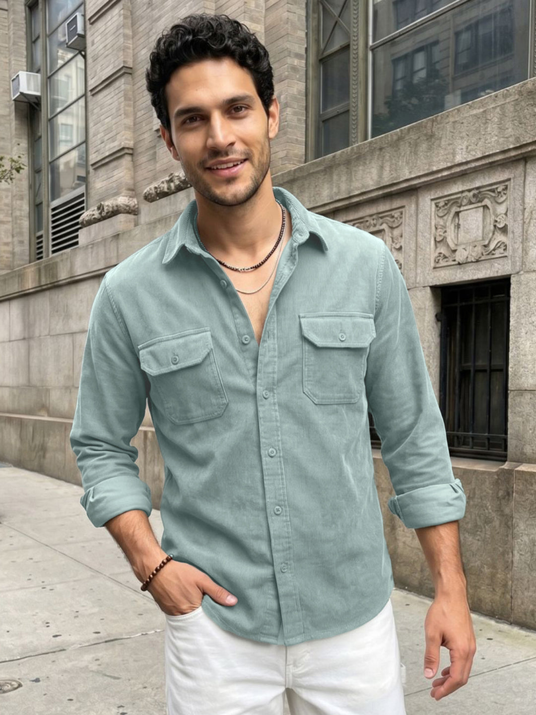 Men's Light Blue Corduroy Full Sleeve Regular Fit Solid Overshirt with Utility Pockets