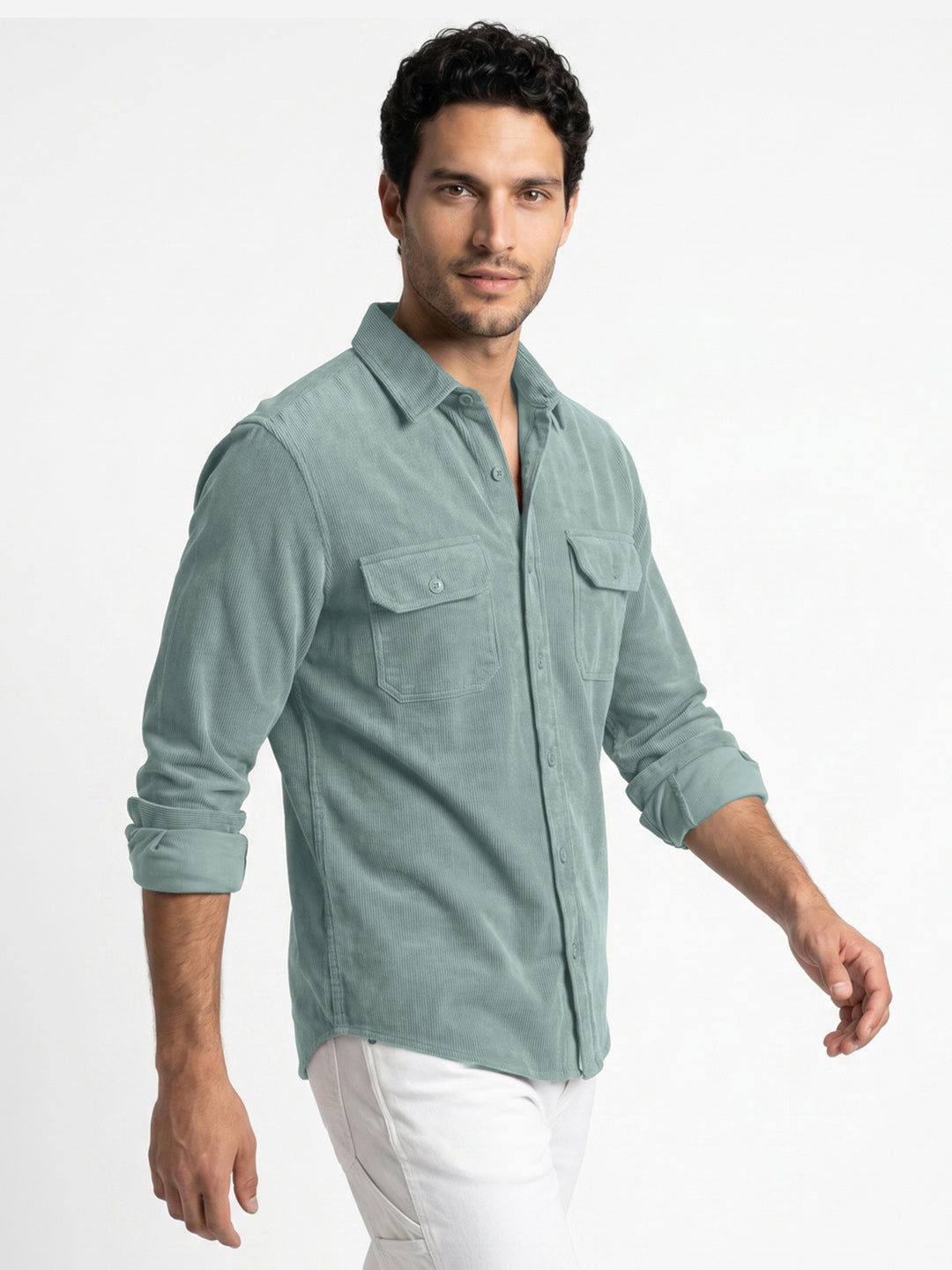 Men's Light Blue Corduroy Full Sleeve Regular Fit Solid Overshirt with Utility Pockets