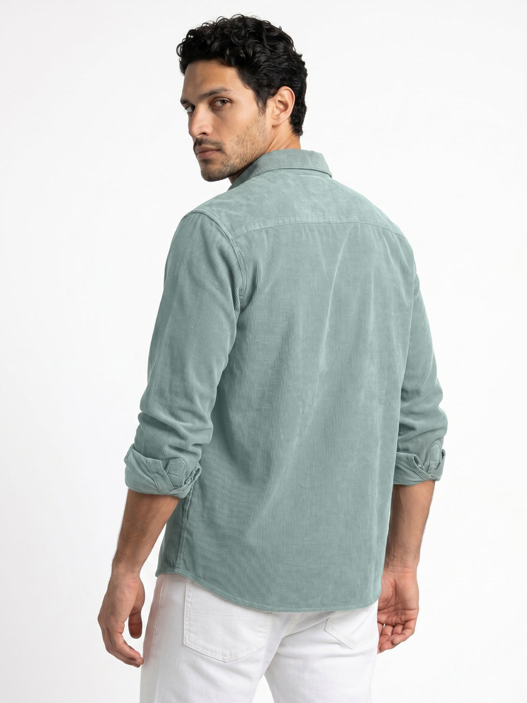 Men's Light Blue Corduroy Full Sleeve Regular Fit Solid Overshirt with Utility Pockets