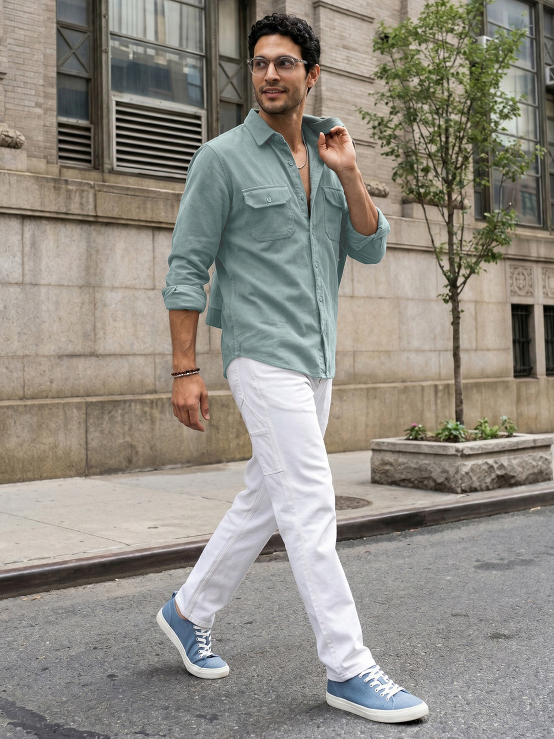 Men's Light Blue Corduroy Full Sleeve Regular Fit Solid Overshirt with Utility Pockets