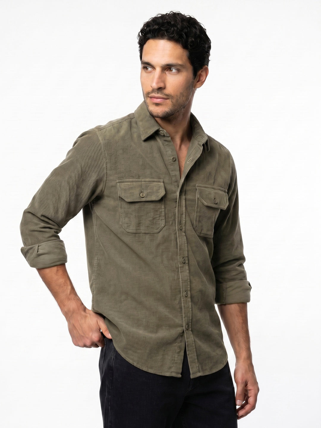 Men's Light Olive Corduroy Full Sleeve Regular Fit Solid Overshirt with Utility Pockets