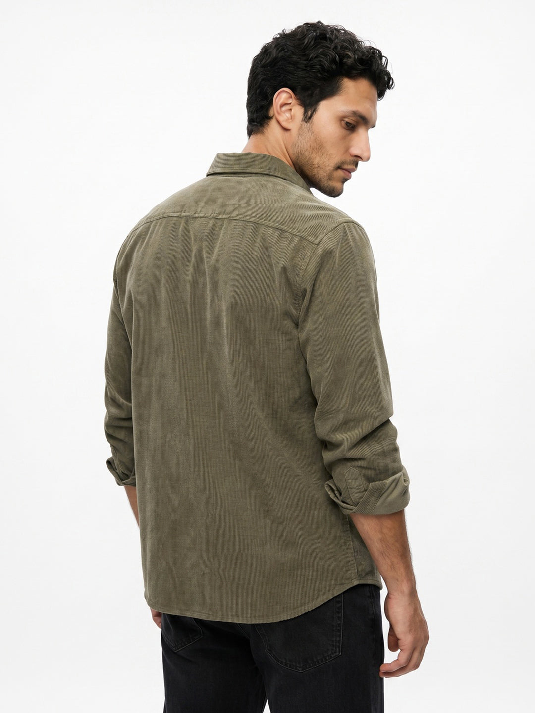 Men's Light Olive Corduroy Full Sleeve Regular Fit Solid Overshirt with Utility Pockets