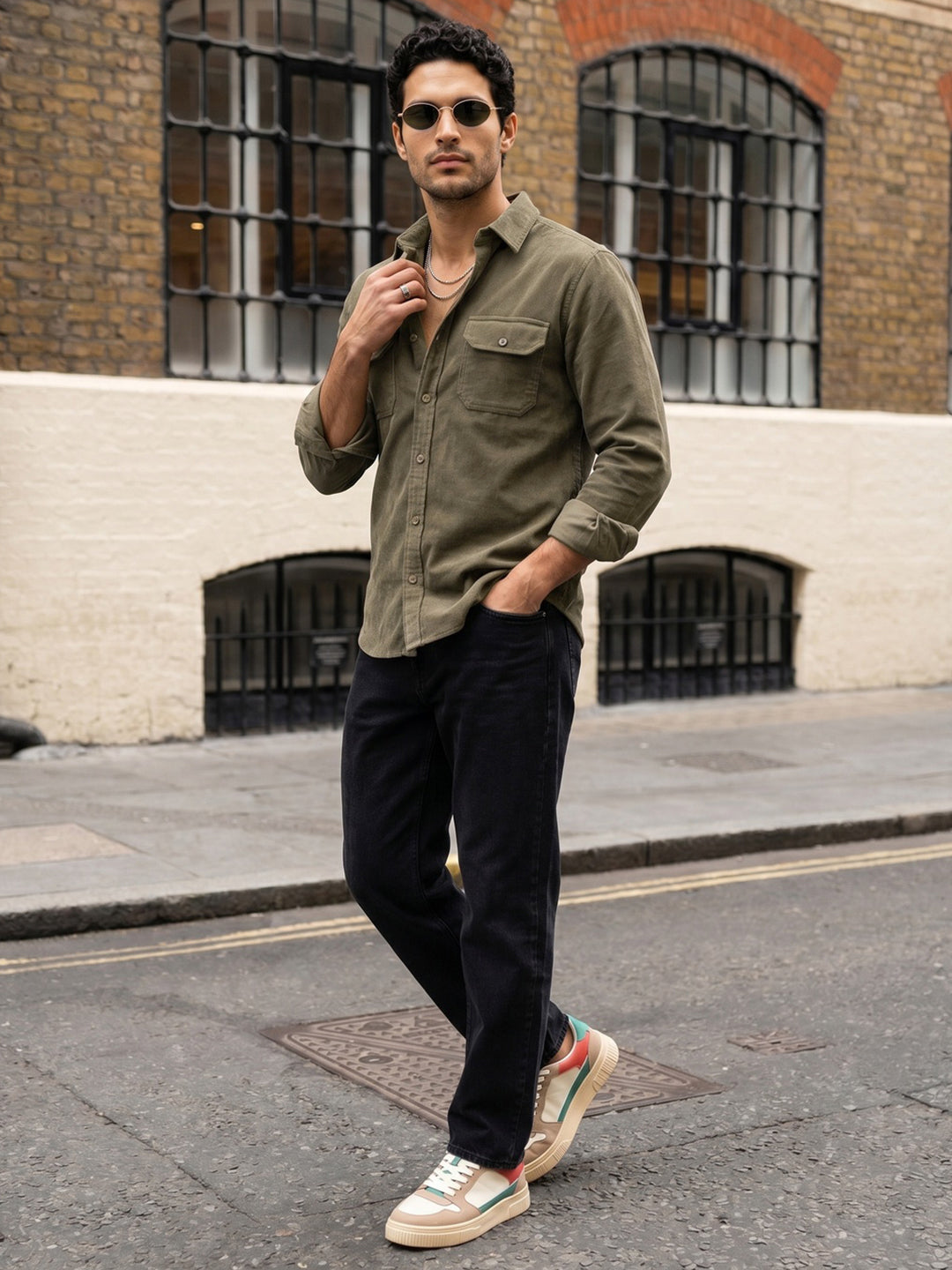 Men's Light Olive Corduroy Full Sleeve Regular Fit Solid Overshirt with Utility Pockets