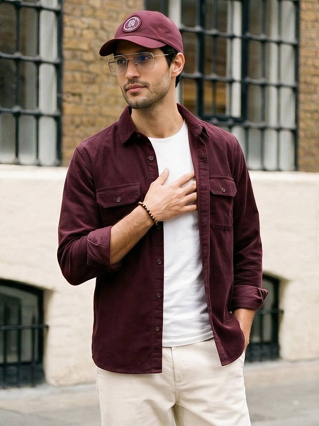 Men's Maroon Corduroy Full Sleeve Regular Fit Solid Overshirt with Utility Pockets