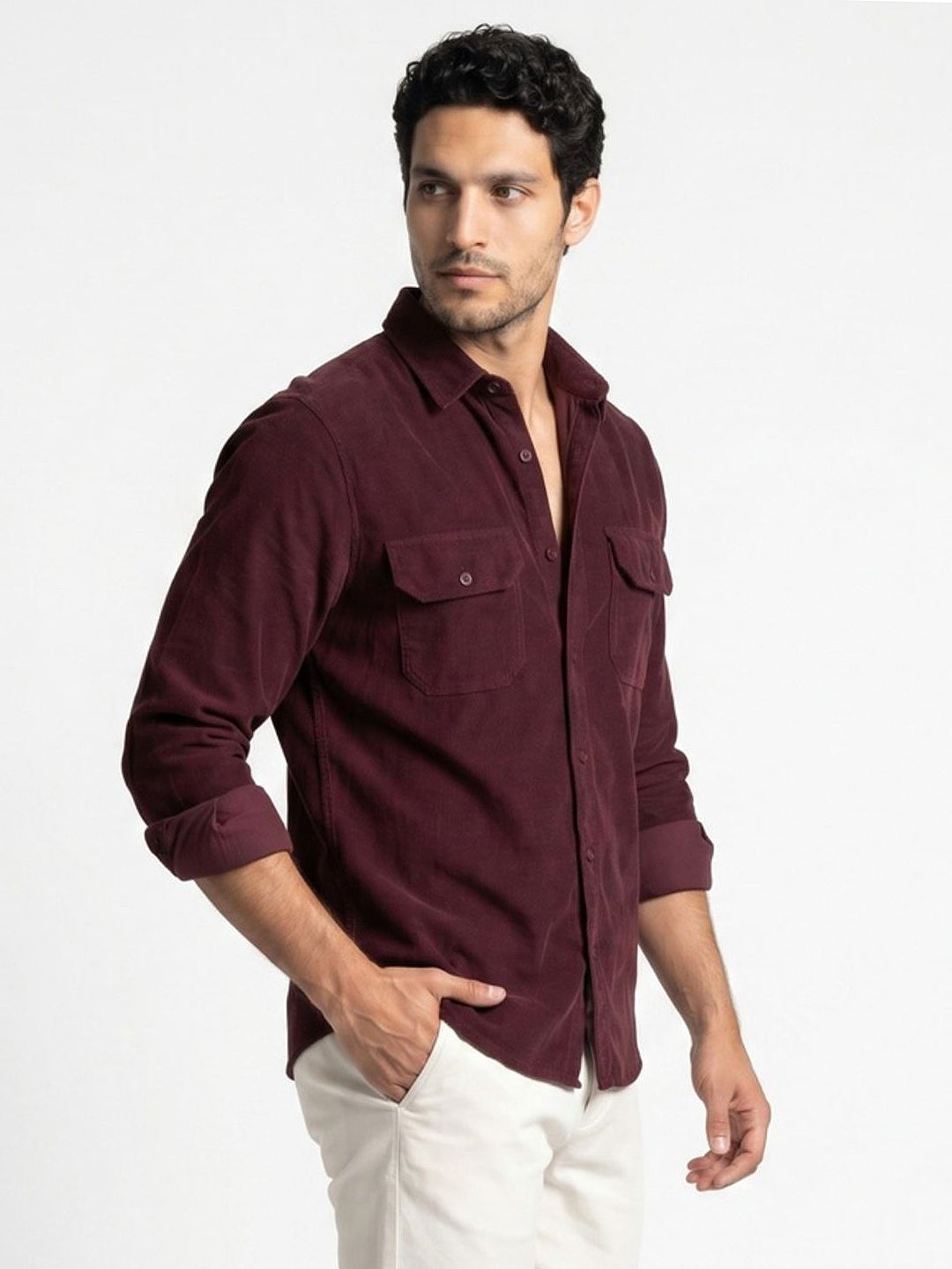 Men's Maroon Corduroy Full Sleeve Regular Fit Solid Overshirt with Utility Pockets