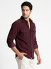 Men's Maroon Corduroy Full Sleeve Regular Fit Solid Overshirt with Utility Pockets