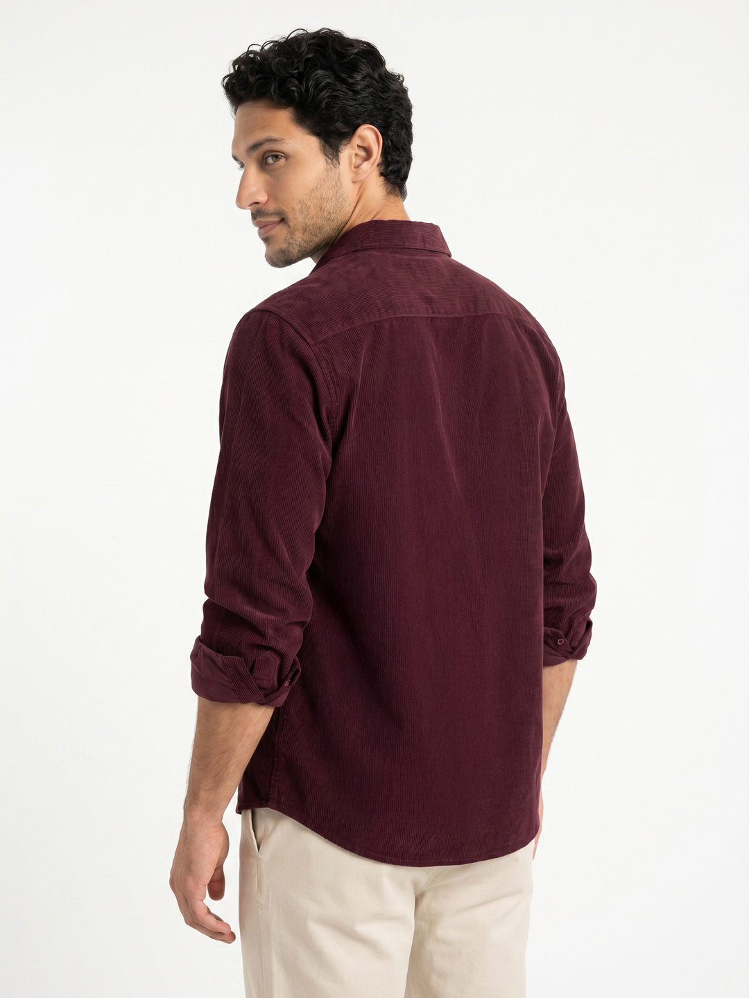 Men's Maroon Corduroy Full Sleeve Regular Fit Solid Overshirt with Utility Pockets
