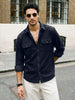 Men's Navy Corduroy Full Sleeve Regular Fit Solid Overshirt with Utility Pockets