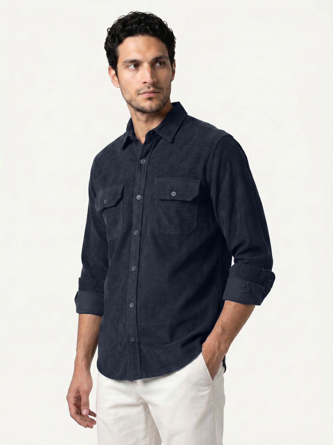 Men's Navy Corduroy Full Sleeve Regular Fit Solid Overshirt with Utility Pockets