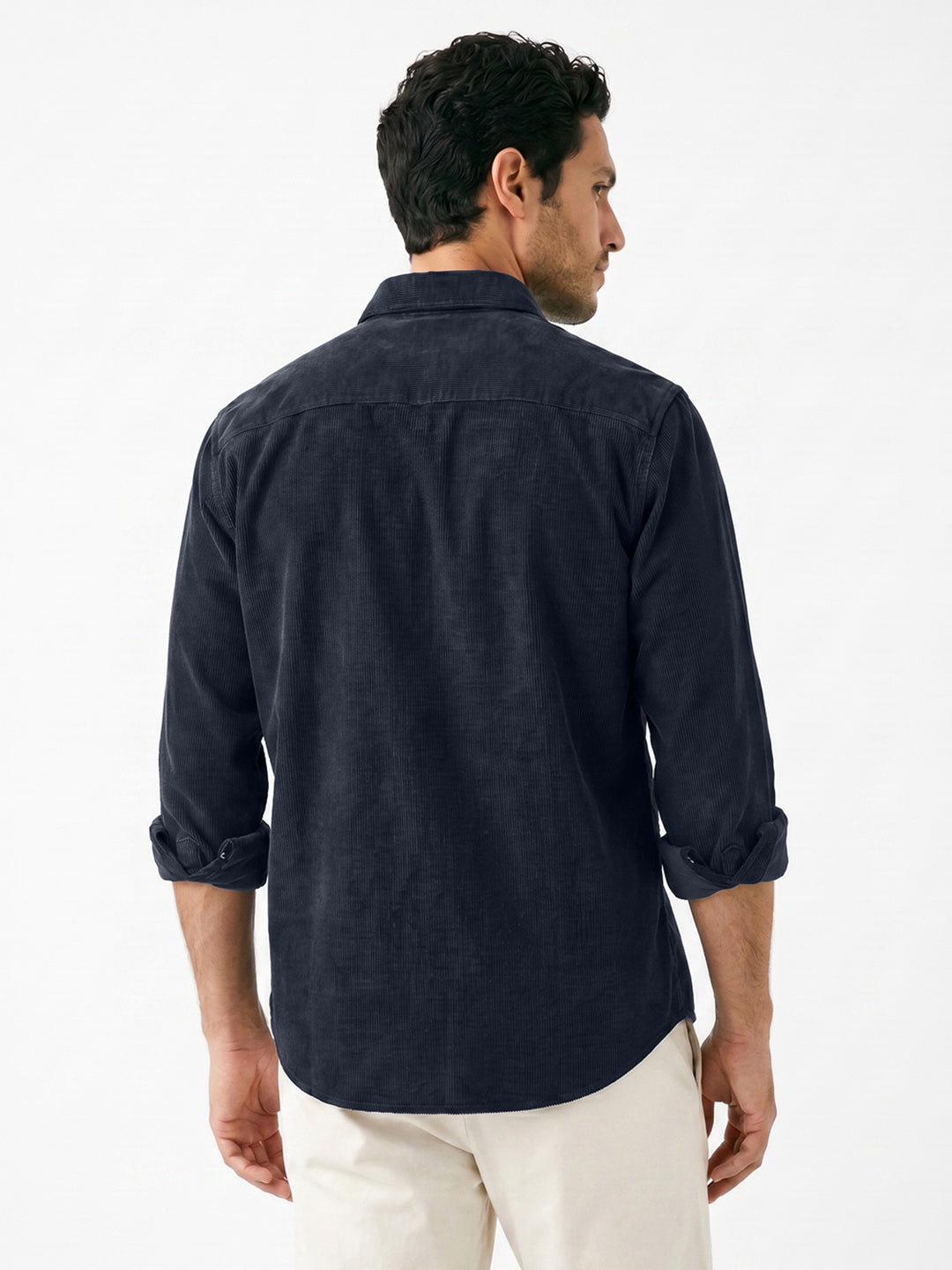 Men's Navy Corduroy Full Sleeve Regular Fit Solid Overshirt with Utility Pockets