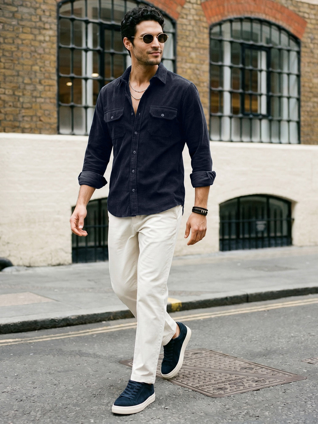 Men's Navy Corduroy Full Sleeve Regular Fit Solid Overshirt with Utility Pockets