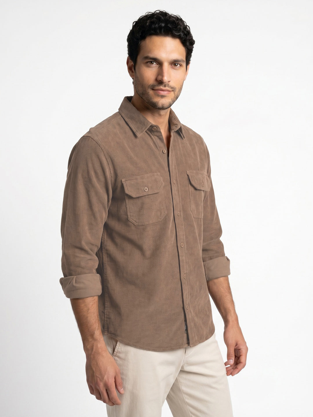 Men's Taupe Corduroy Full Sleeve Regular Fit Solid Overshirt with Utility Pockets