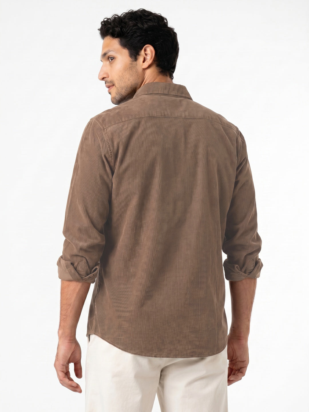 Men's Taupe Corduroy Full Sleeve Regular Fit Solid Overshirt with Utility Pockets