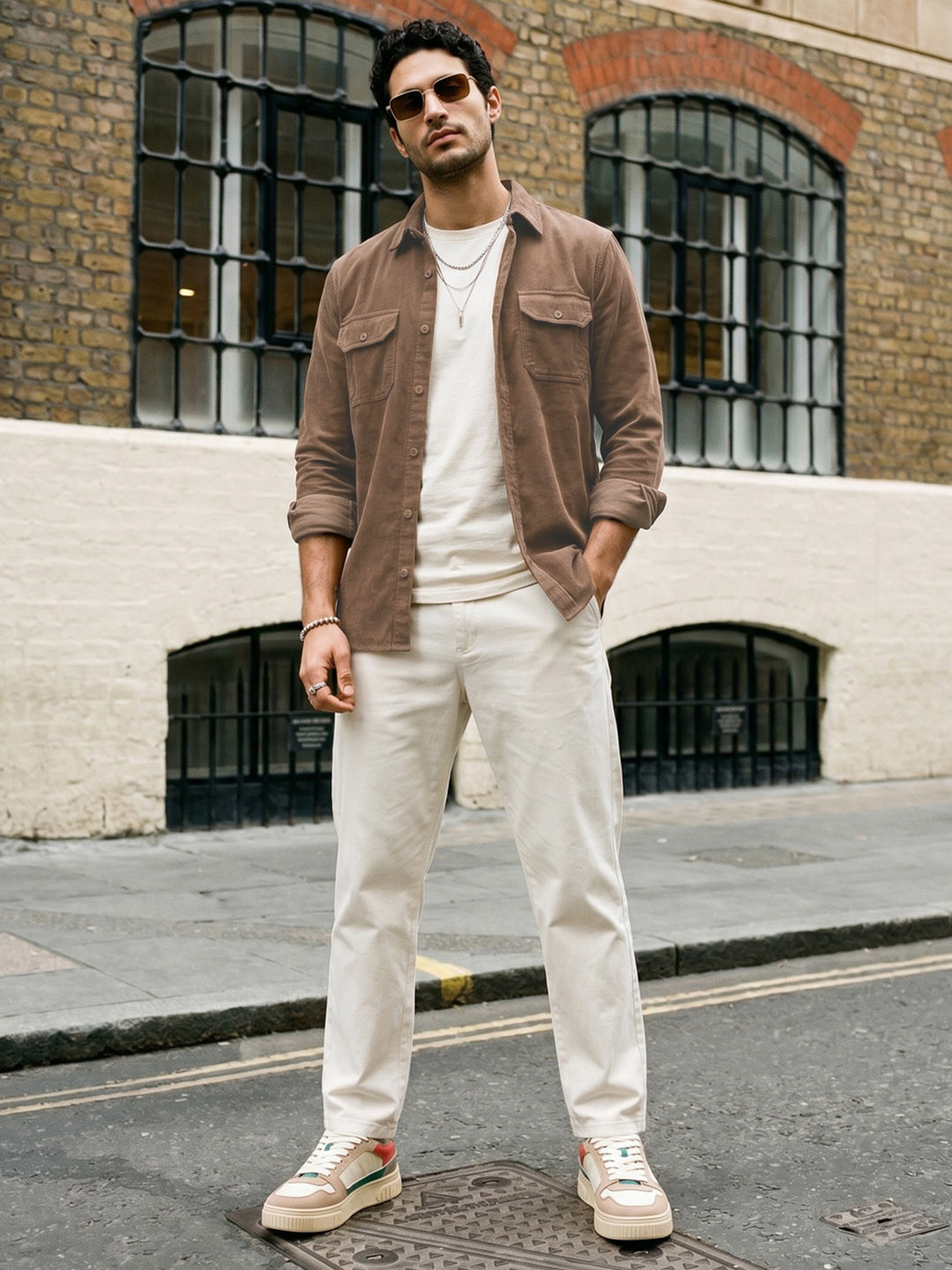 Men's Taupe Corduroy Full Sleeve Regular Fit Solid Overshirt with Utility Pockets